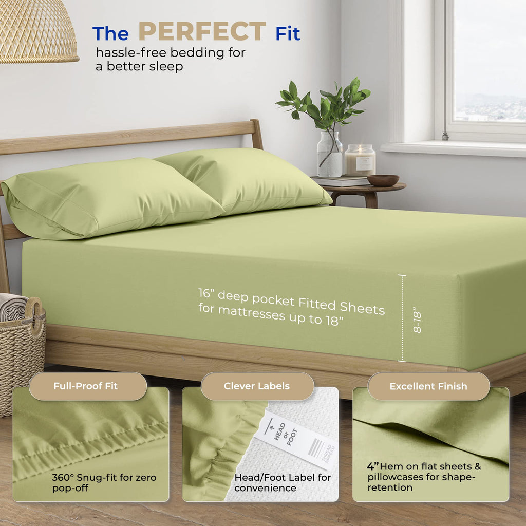 Thread Spread 100% Cotton Full Size Sheets Set - 400 Thread Count 4 Pc Cotton Sheet Set - Soft, Breathable Cooling Sheets - Deep Pocket Full Size Cotton Bedsheets - Sateen Weave Bedsheet (Sage Green)
