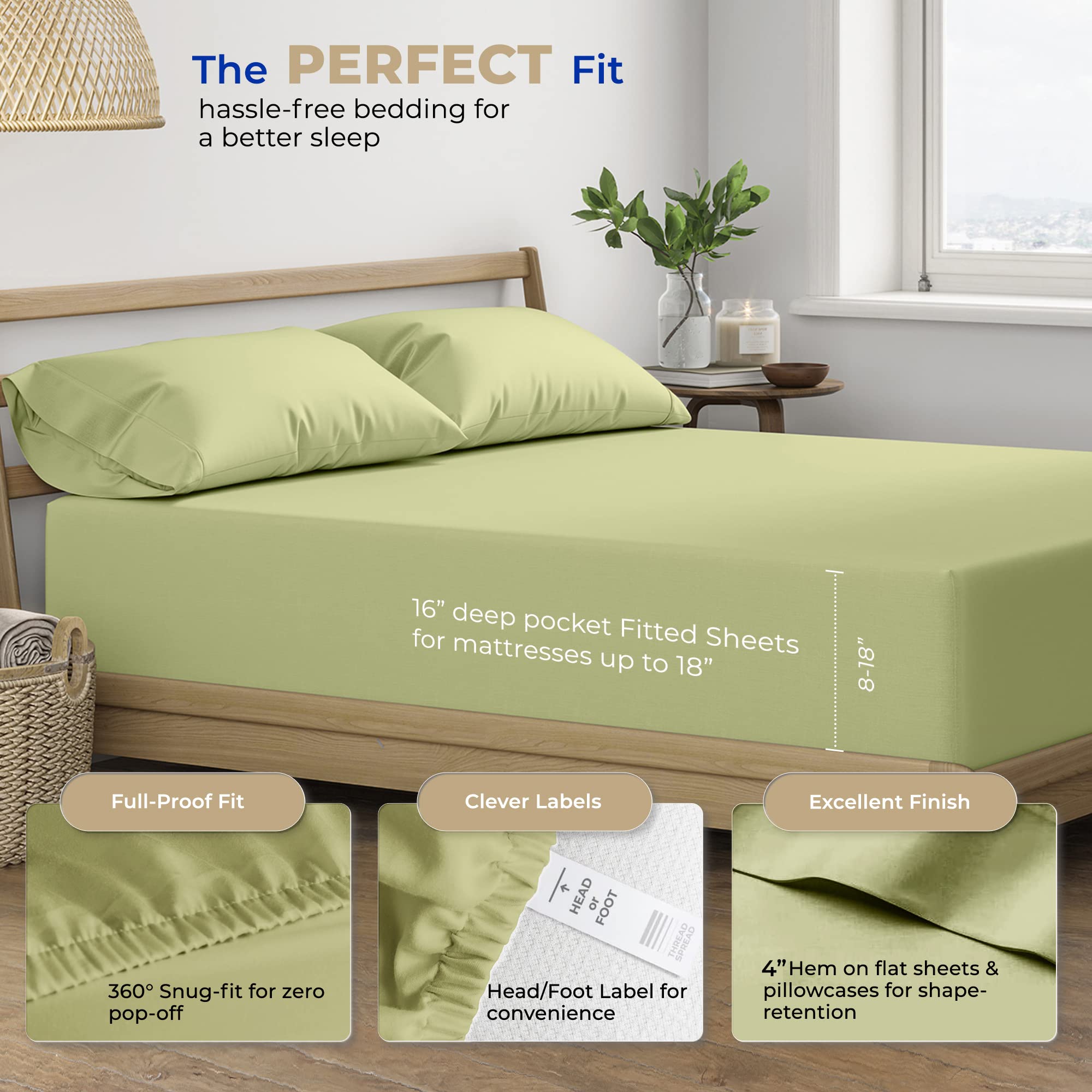 Thread Spread 100% Cotton Full Size Sheets Set - 400 Thread Count 4 Pc Cotton Sheet Set - Soft, Breathable Cooling Sheets - Deep Pocket Full Size Cotton Bedsheets - Sateen Weave Bedsheet (Sage Green)