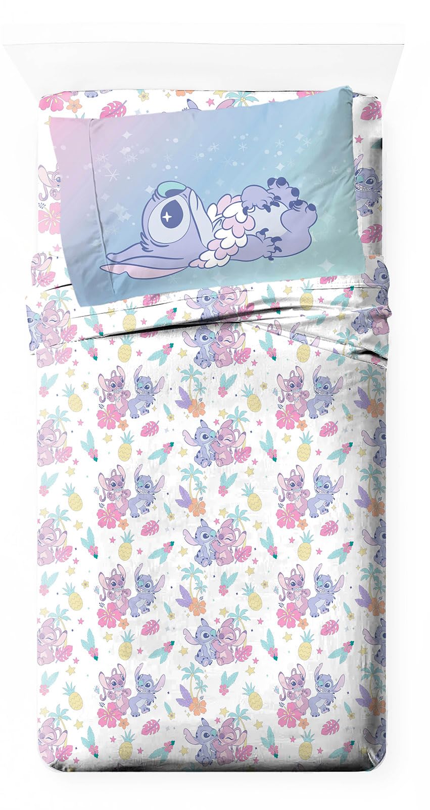 Jay Franco Disney Lilo And Stitch Twin Size Sheet Set - Super Soft Kids 3 Piece Floral Bedding Set Features Angel - Microfiber S
