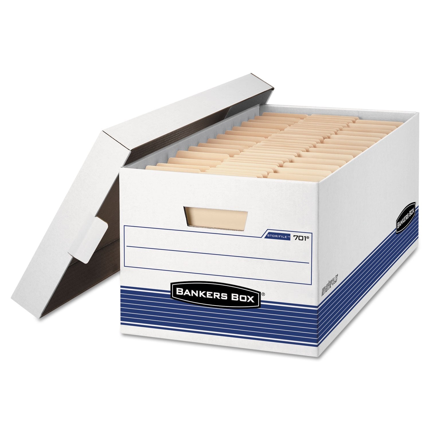 Bankers Box 0070205 Stor/File Storage Box, Legal, Locking Lid, White/Blue, 4/Carton