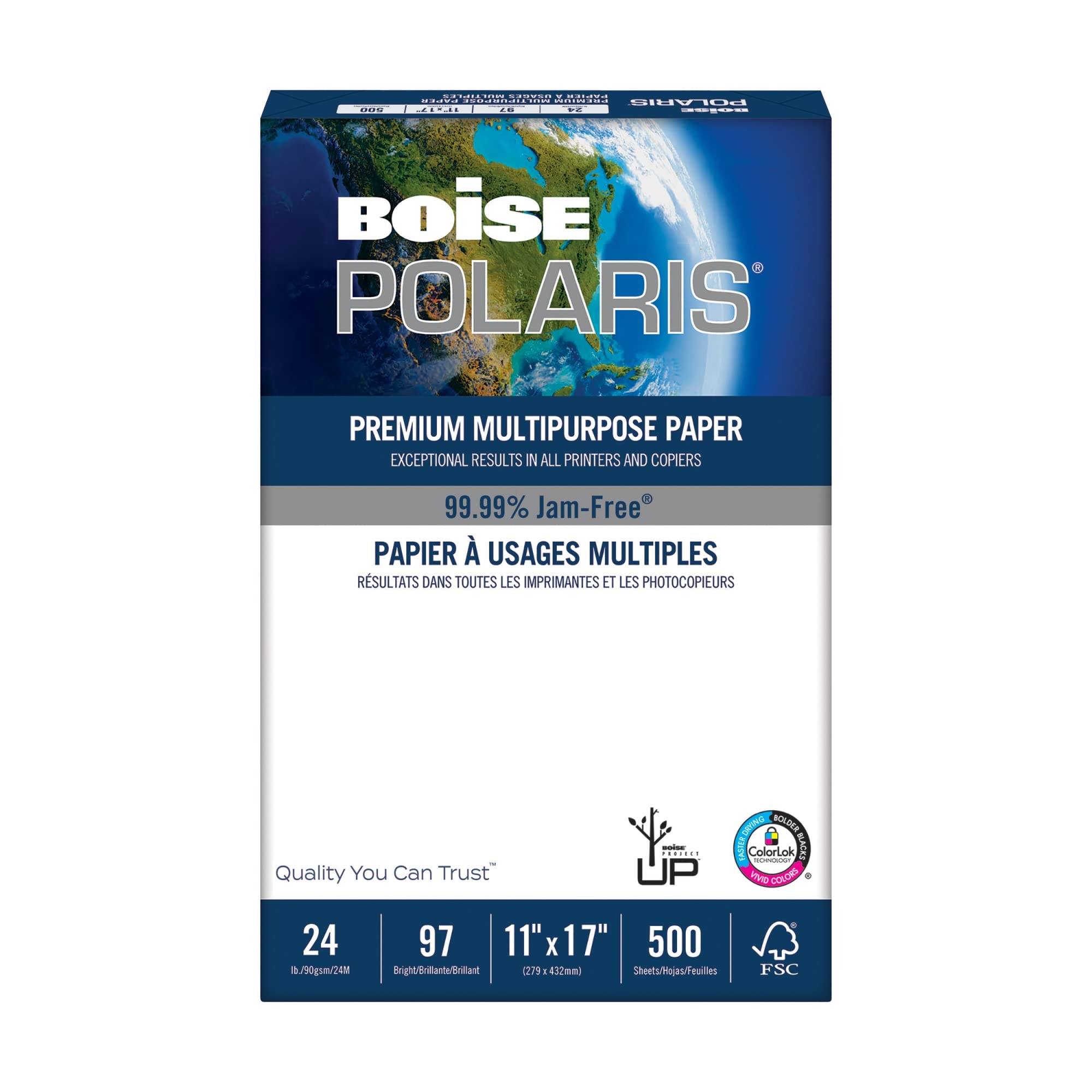 Boise Polaris Premium Multi-Use Printer & Copy Paper, 1 Ream, White, Ledger (11' X 17'), 500 Sheets Per Ream, 24 Lb, 9