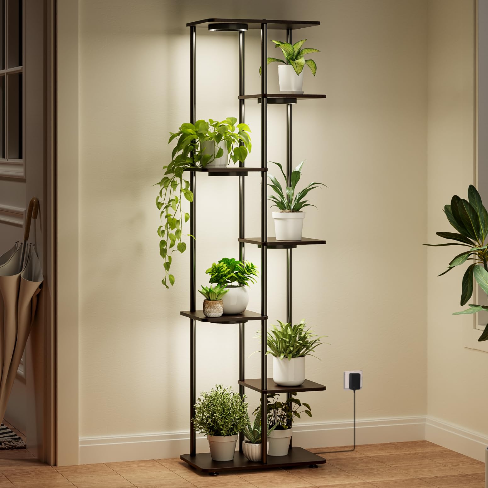Bstrip Plant Stand Indoor With Grow Light, 53' High Indoor Plant Shelf, 7 Tier Flower Stand With Plant Light Full Spectrum, Met