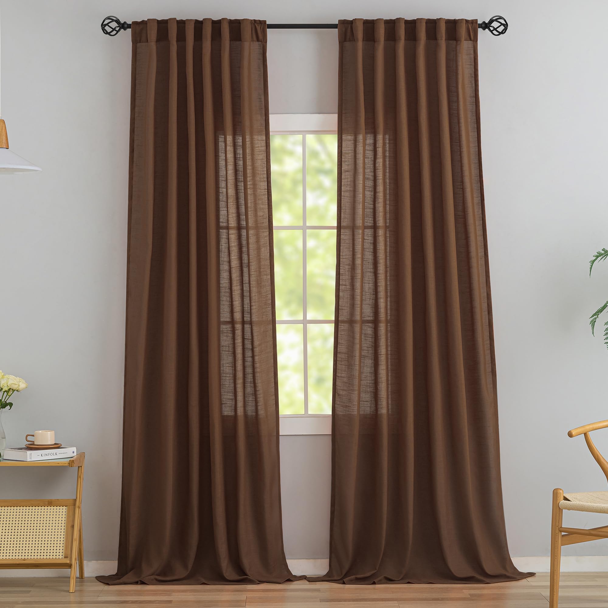 Cocoa Brown Linen Back Tab Curtains 120 Inches Extra Long Ceiling To Floor For Villa Living Room - 2 Panels Hooks Belt Pinch Pleated Easy Sliding Curtains Light Filtering Semi Sheer Drapres 52' X 120'