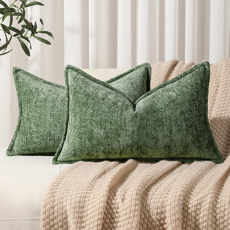 Dezene Pack Of 2 Forest Green Decorative Throw Pillow Covers 12X20 Cozy Soft Chenille Accent Vintage Rectangular Lumbar Couch Pi