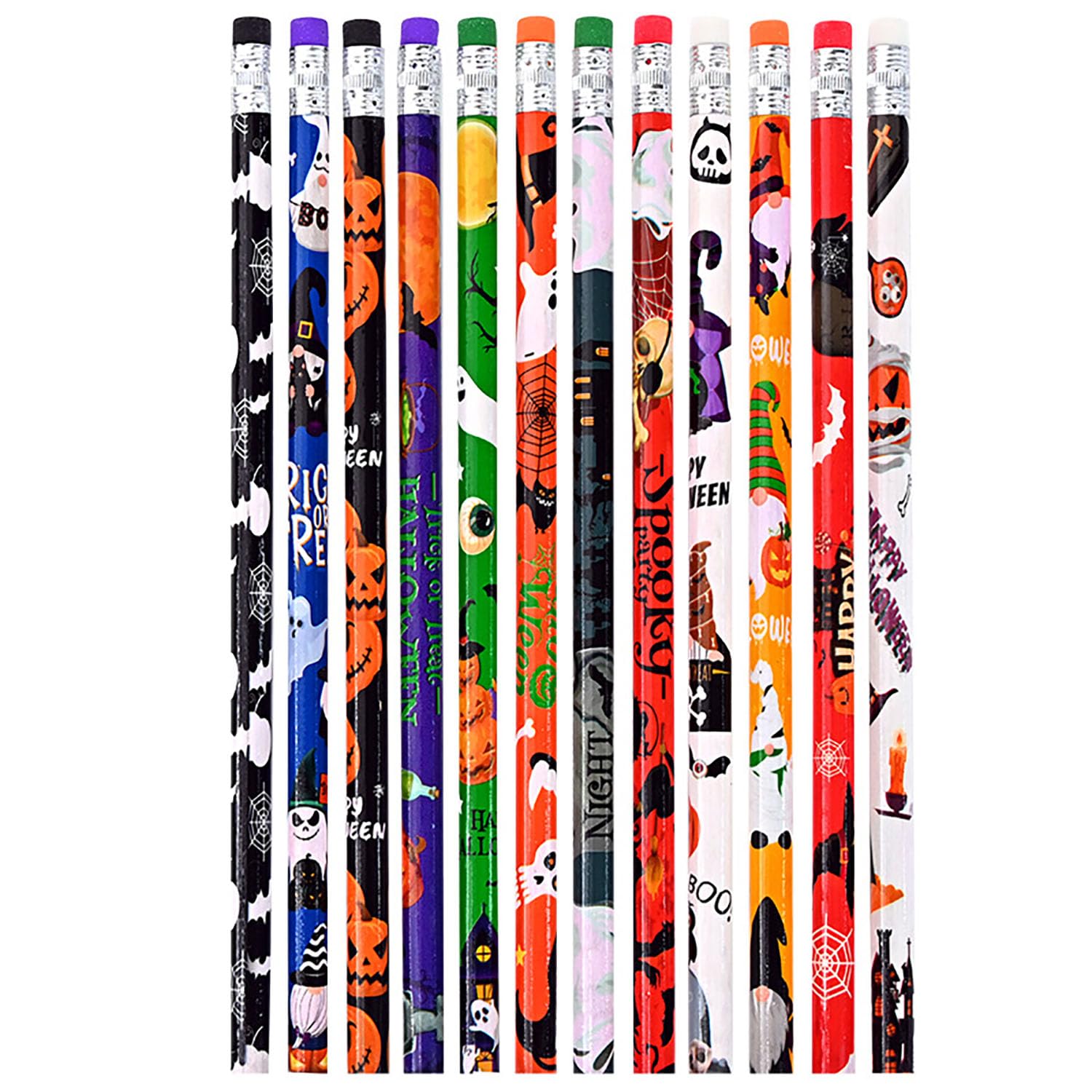 YYaaloa 48Pcs Wooden Pencil with Eraser Halloween Colorful Pencils Novelty Fun School Supplies Holiday Gift Office School Studen