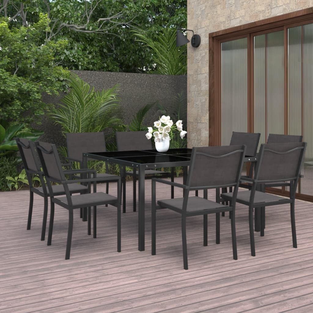 vidaXL 9 Piece Outdoor Patio Dining Set, Durable Steel Frame with Anthracite and Grey Tempered Glass Table, Comfortable Black Dining Chairs with Textilene Upholstery