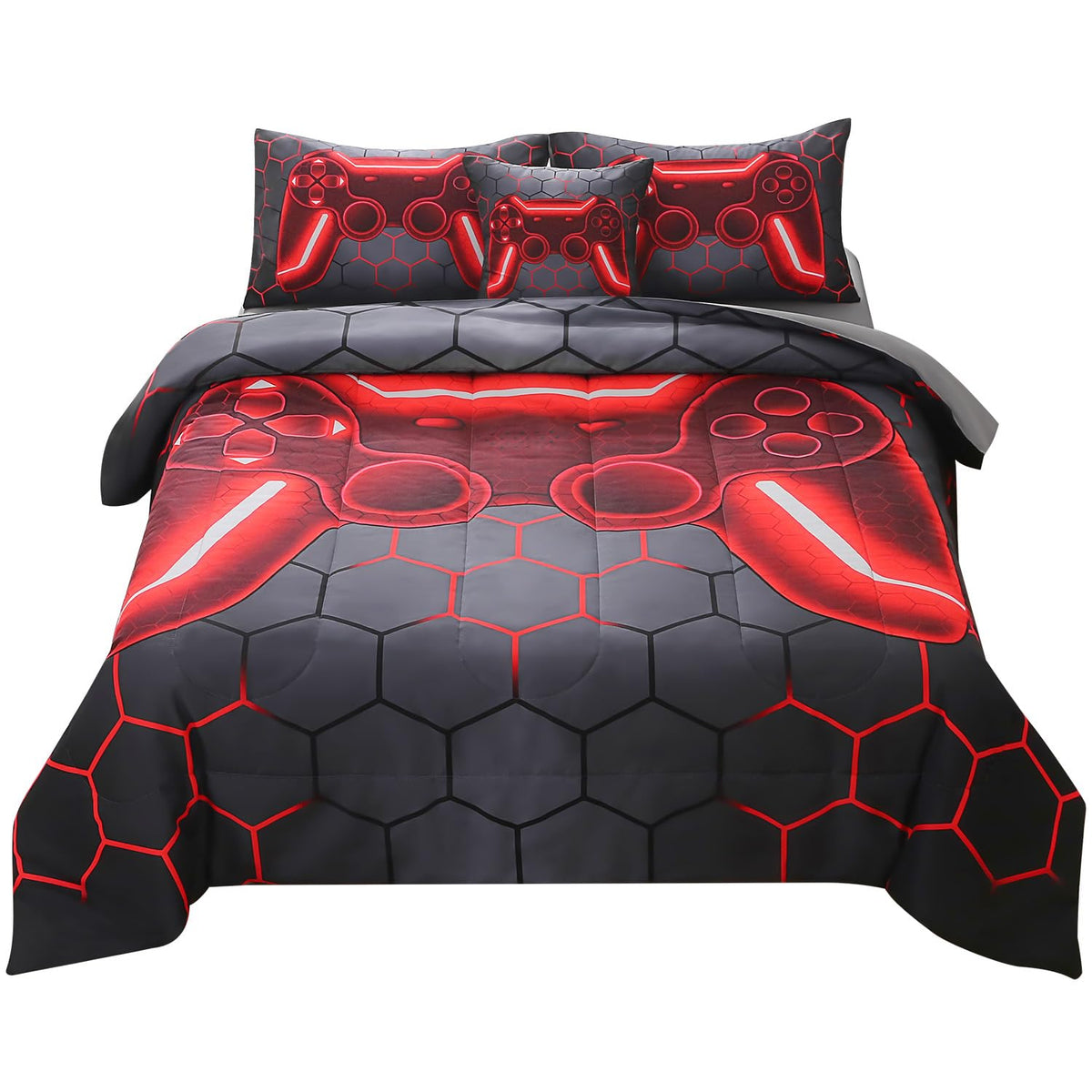 Jqinhome Queen Gamer Comforter Set For Boys Girls Kids,6 Piece Bed In A Bag 3D Video Game Bedding -All Season Soft Microfiber Do