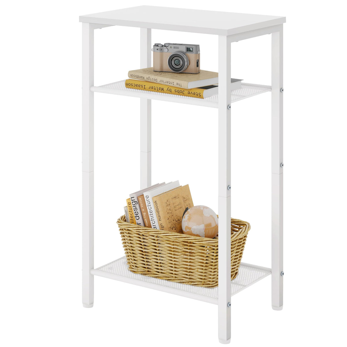 Hoctieon 3 Tier End Table, Telephone Table, Narrow Side Table With Storage, Nightstand For Small Spaces, Metal Frame, For Living Room, Bedroom, Sofa Couch, Hall, Easy Assembly, White
