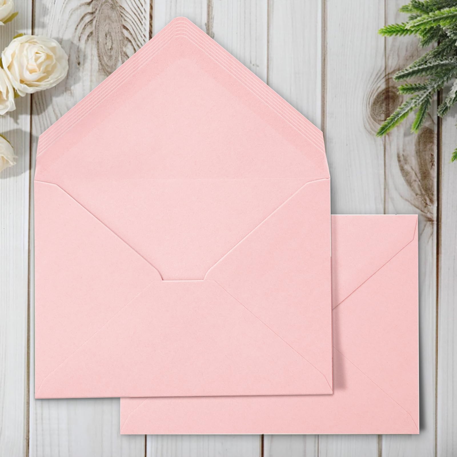 Whaline 50Pcs Pink A7 Invitation Envelopes Set Pink Greeting Card Envelopes V-Flap Envelopes Gift Card Sleeves For Mailing Envel