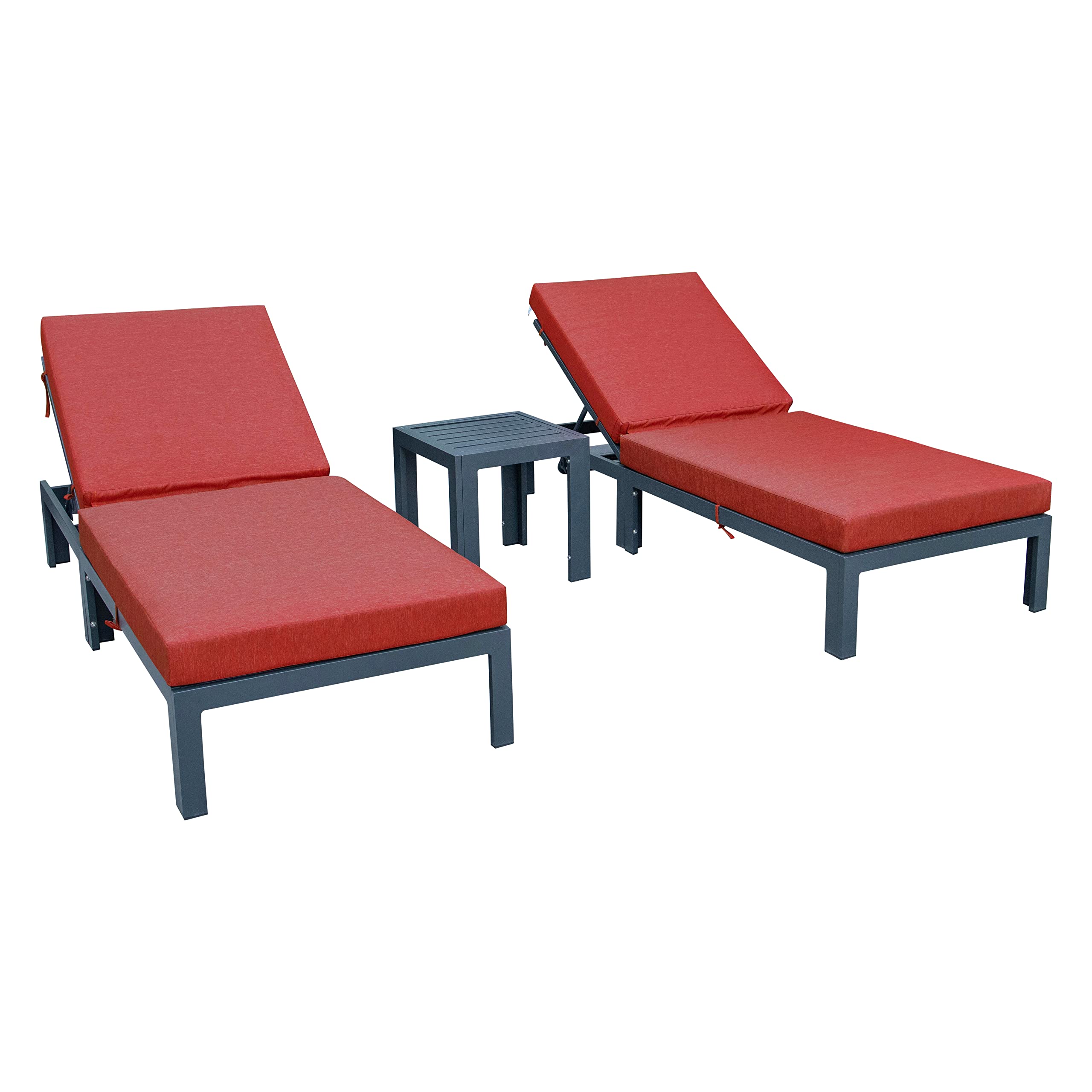 LeisureMod Chelsea Modern Aluminum Outdoor Chaise Lounge Chair Set of 2 with Side Table & Cushions (Red)