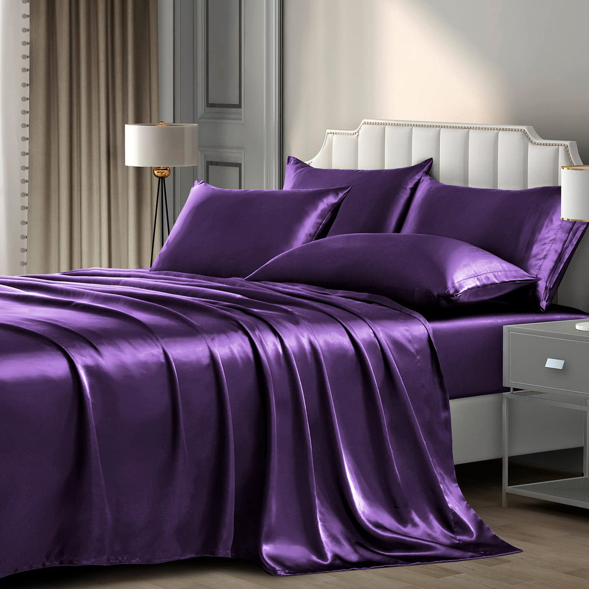 P Pothuiny 6-Piece King Satin Sheets Luxury Silky Purple Satin Bedding Sheet Set, 1 Deep Pocket Fitted Sheet + 1 Flat Sheet + 4