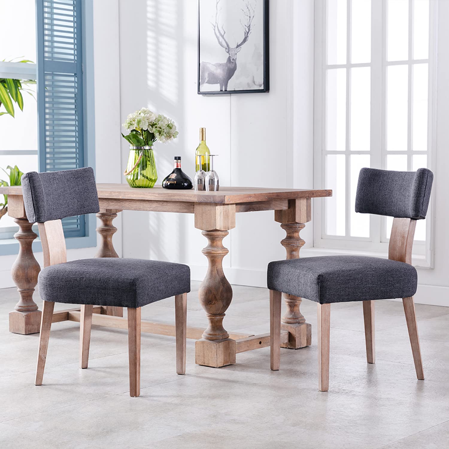 Rivova Linen Dining Chairs Set Of 2, Modern Dining Chair With Curved Backrest And Wood Legs Upholstered Dining Chairs Farmhouse