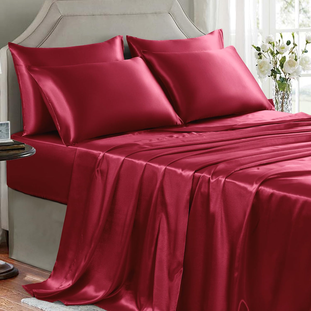 Golal Satin Sheets Full Size - 6 Pieces Luxury Silky Soft Bed Sheets, Wrinkle-Free Burgundy Satin Silk Sheet Set With 1 Deep Poc