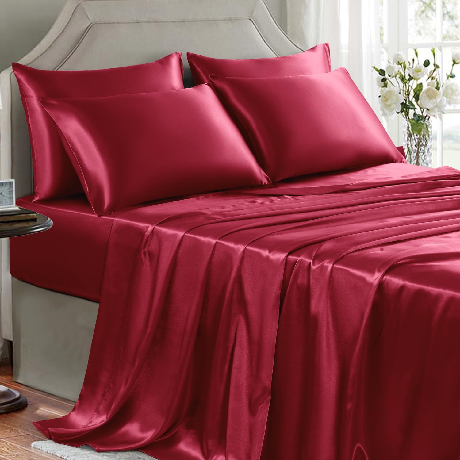 Golal Satin Sheets Full Size - 6 Pieces Luxury Silky Soft Bed Sheets, Wrinkle-Free Burgundy Satin Silk Sheet Set With 1 Deep Poc