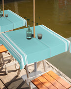 Queenker Outdoor Tablecloth With Umbrella Hole, Farmhouse Teal White Stripe Square Tables Waterproof Tabletop Collection For Pat