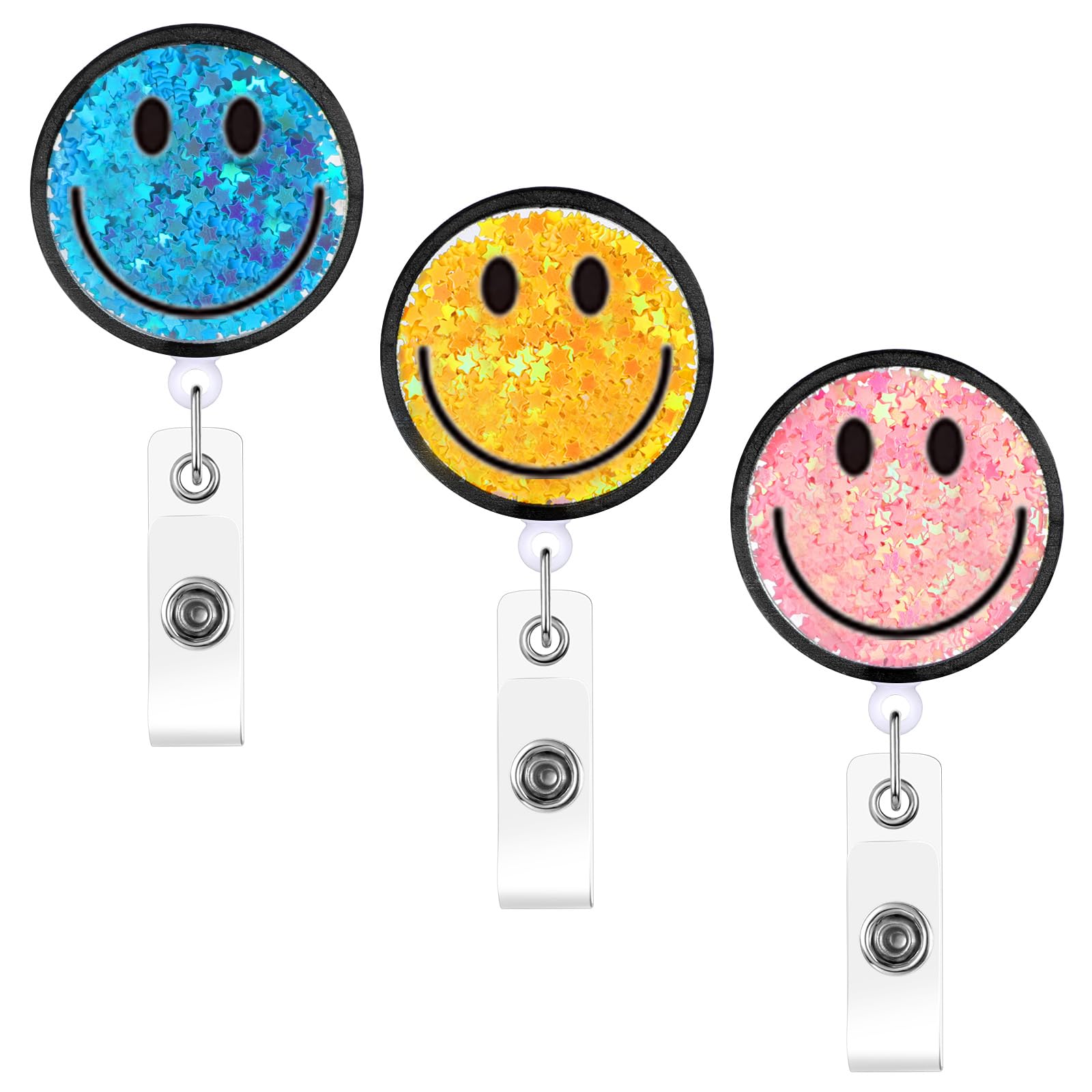 3 Pcs Badge Reel Retractable Smile Face Glitter Badge Holder Name Tag Holders Id Clip With Alligator Clip For Office Nurses Doct
