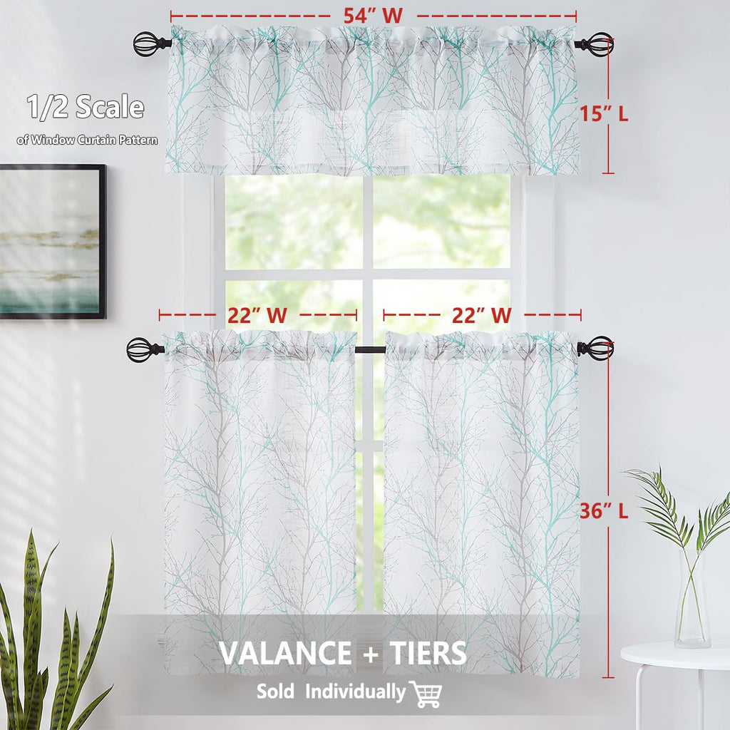 Fmfunctex Blue Kitchen Curtains 36    Grey Tree Print On White Tier Curtain Set For Small Windows Basement Room Bathroom, 2 Pane