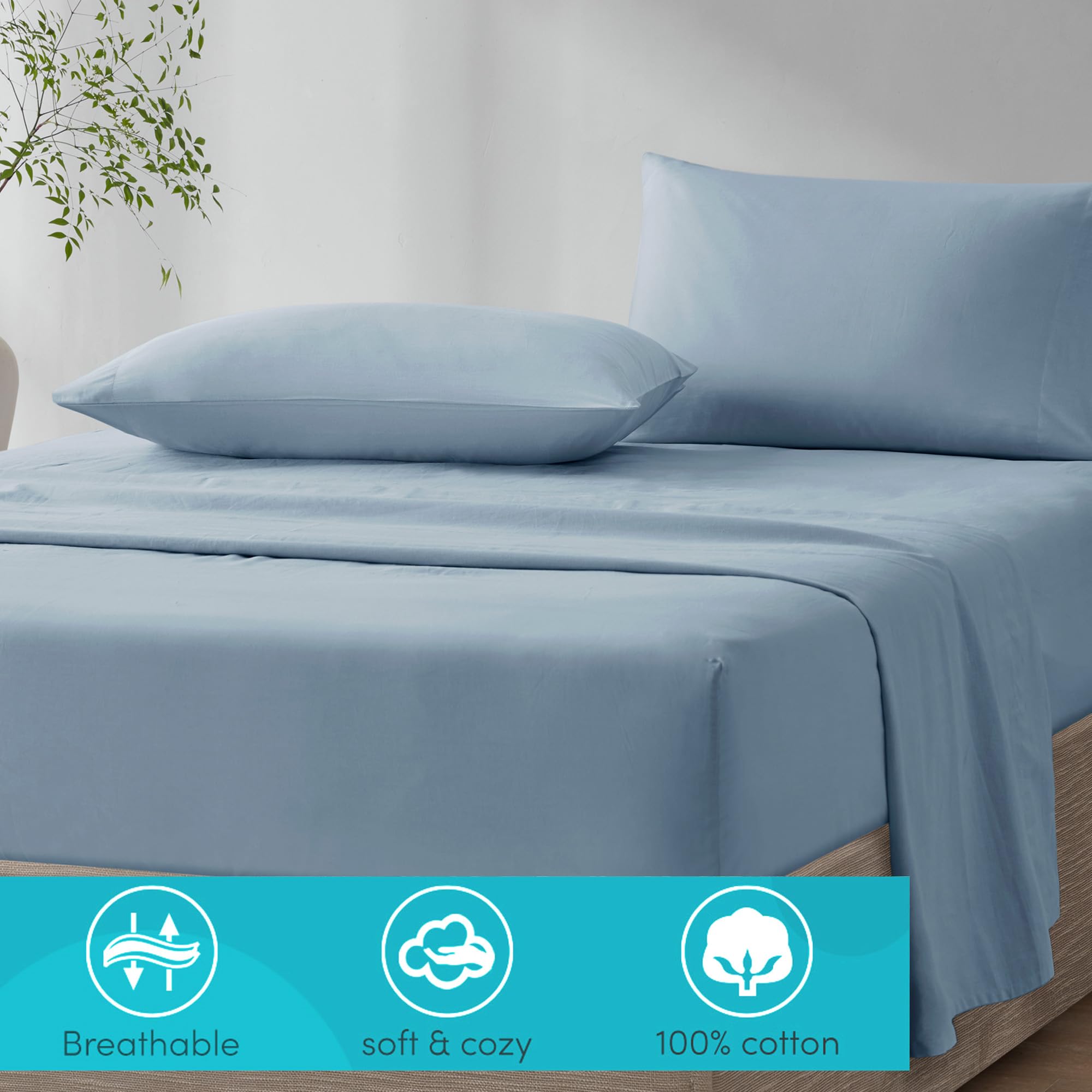 Comfort Spaces 100% Cotton Sheet Set Breathable, Lightweight, Soft With 14' Elastic Pocket Fits Up To 16' Mattress, All Season Cozy Bedding, Matching Pillow Case, Cal King Blue 4 Piece