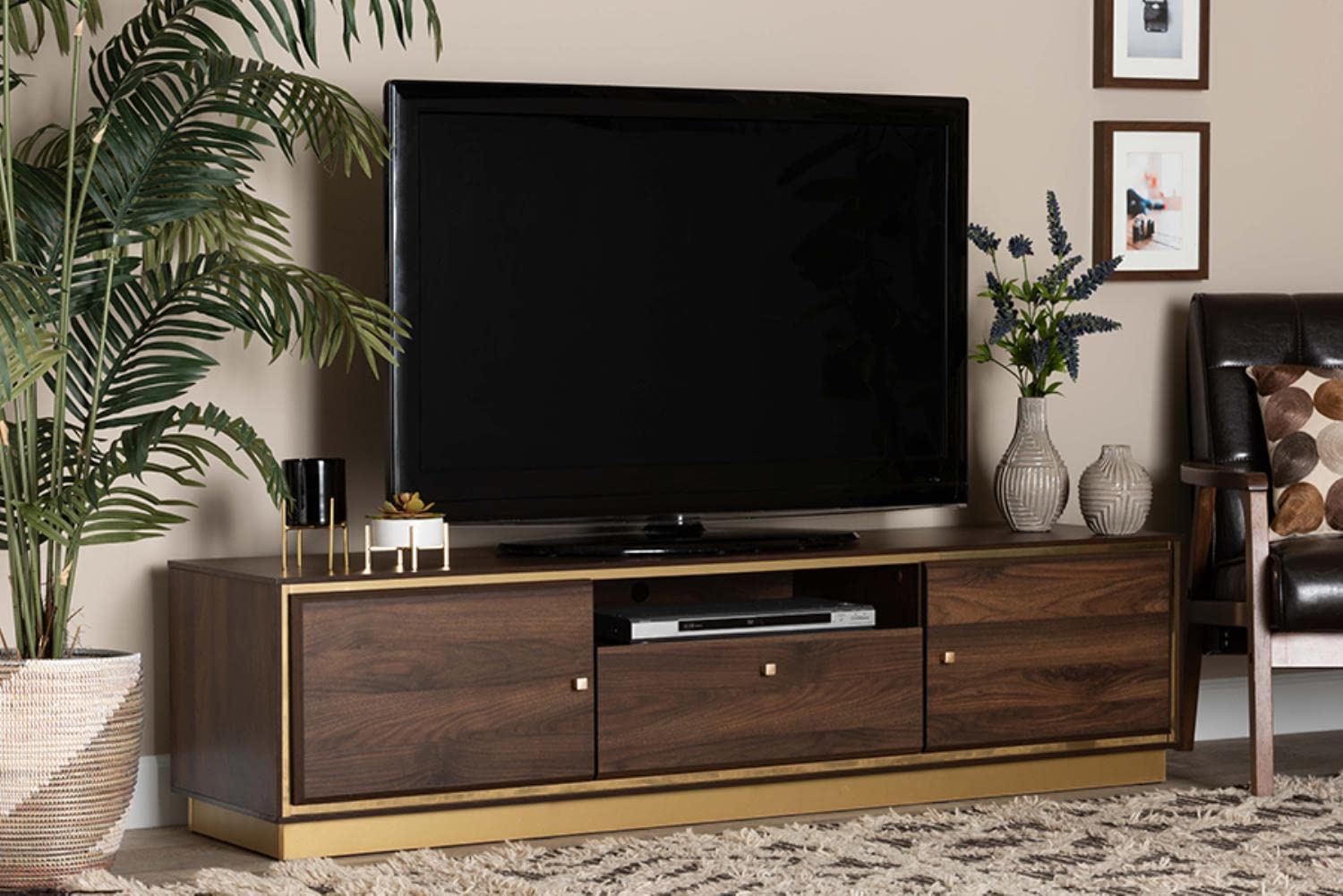 Baxton Studio Cormac Transitional Walnut Wood and Gold Metal 2-Door TV Stand