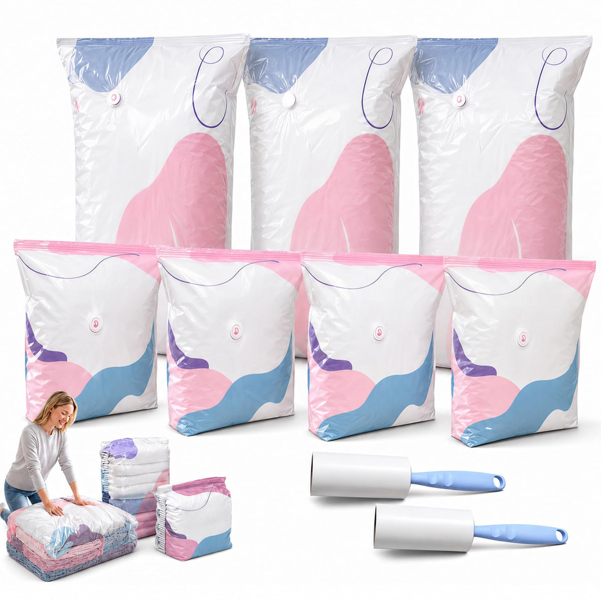 7 Pack No Pump Vacuum Storage Bags, Large Cube Compression Set in 2 Sizes