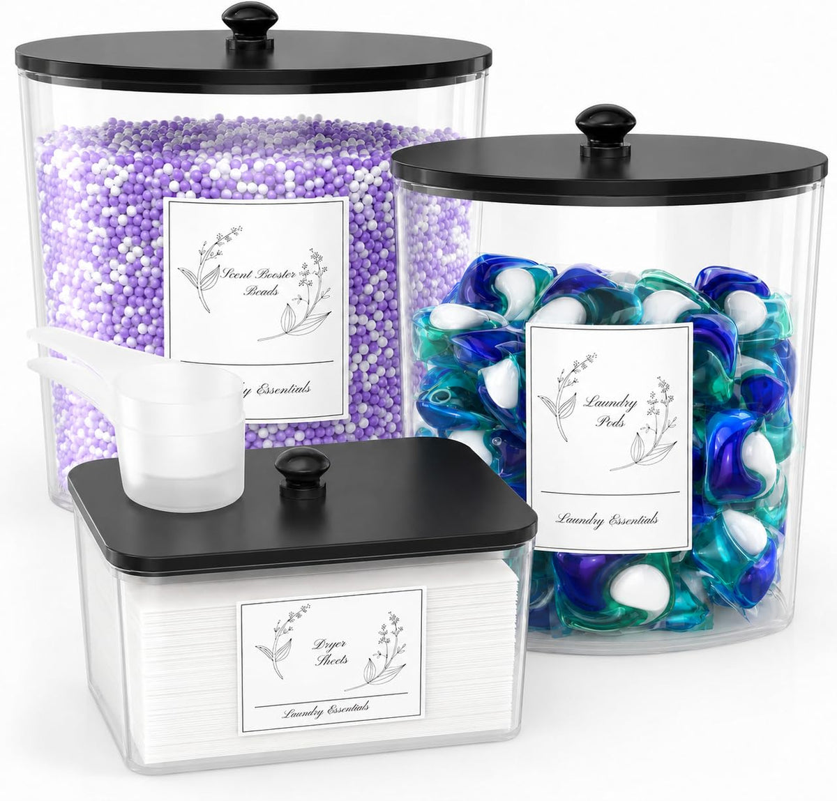 COAZEX 3 Pack Clear Laundry Powder Container & Dryer Sheet Holder,Black Lid