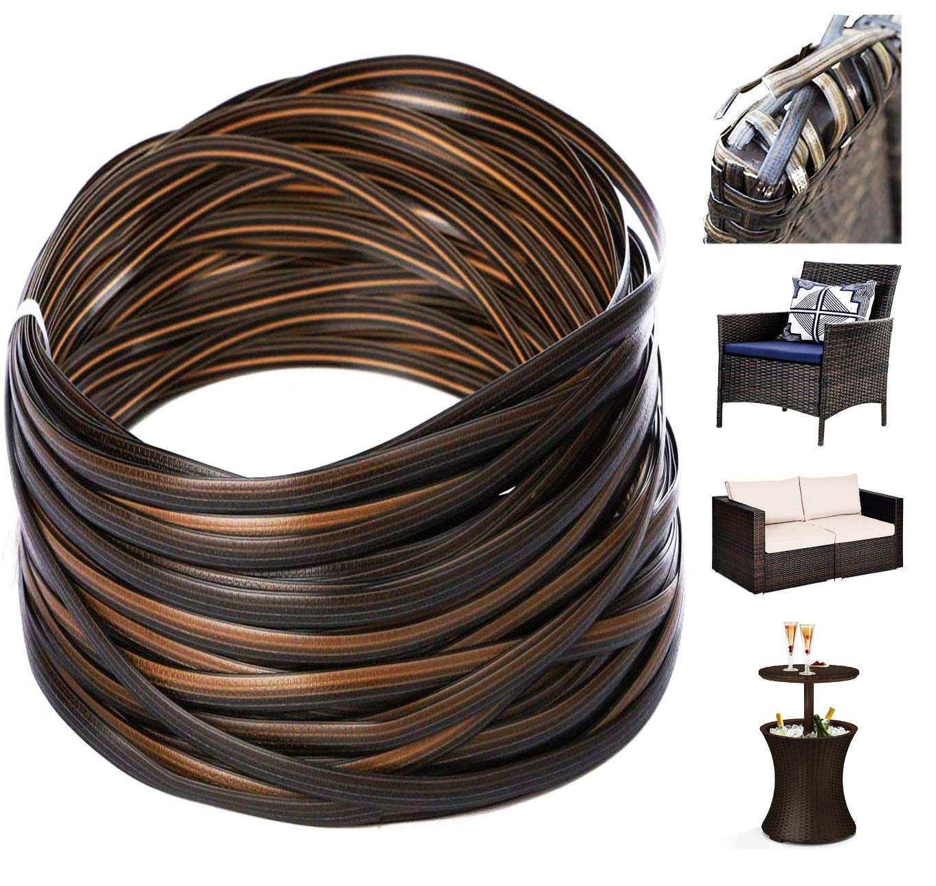Wicker Repair Supplies, Synthetic Embossing Rattan Fix Material Vinyl Plastic Waterproof Flat Ribbon For Garden Patio Furniture And Rattan Chair Sofa Basket Replacement-1/2 Pounds 120Ft Gradiant Coffe