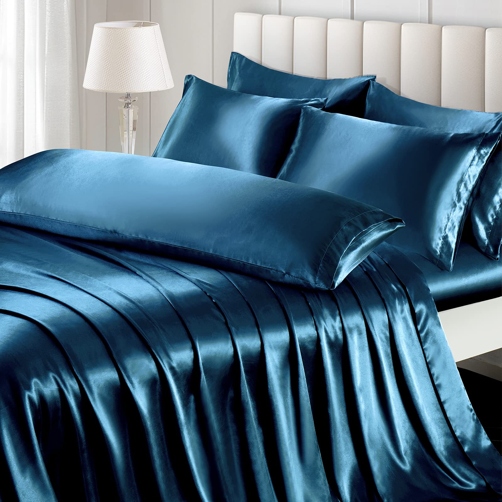 Ersmak 7 Pieces Satin Sheets Set Queen Size, Luxury Silky Navy Blue Satin Bed Sheets Set With 1 Deep Pocket Fitted Sheet, 1 Soft