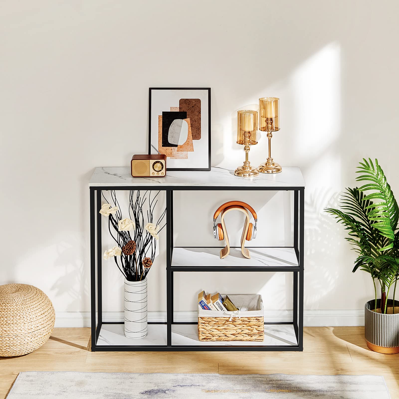 Wohomo Console Table, 12 Inch Narrow Entryway Table For Living Room, 31.5 Inch Modern Industrial Sofa Table With 3-Tier Storage Shelves For Corridor, Hallway, White Marble