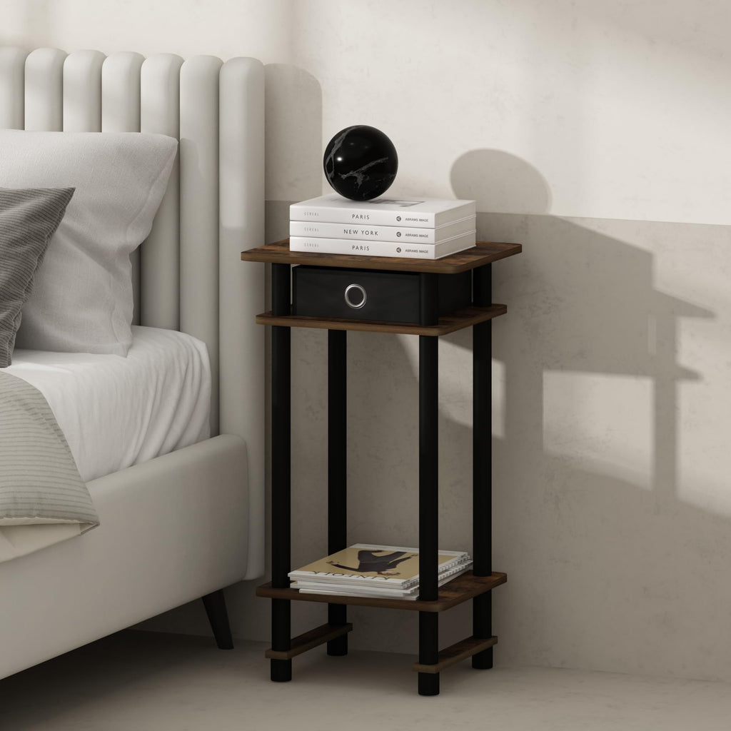 Furinno Turn-N-Tube Tall Nightstand With Bin, 1-Pack, Plastic Poles, Amber Pine/Black