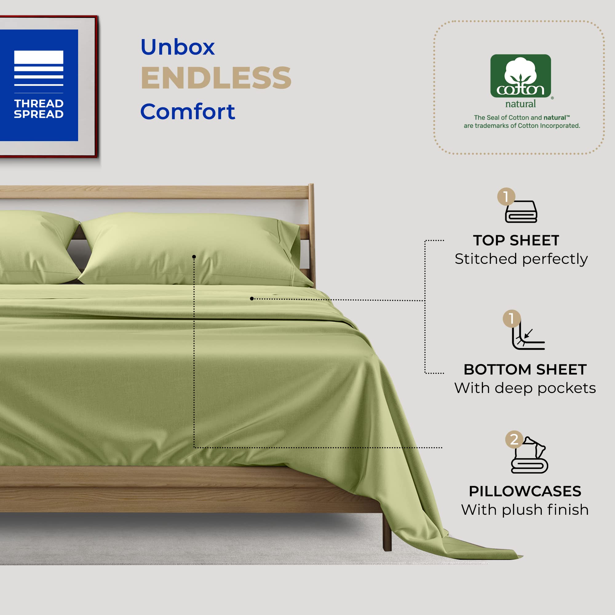Thread Spread 100% Cotton Full Size Sheets Set - 400 Thread Count 4 Pc Cotton Sheet Set - Soft, Breathable Cooling Sheets - Deep Pocket Full Size Cotton Bedsheets - Sateen Weave Bedsheet (Sage Green)