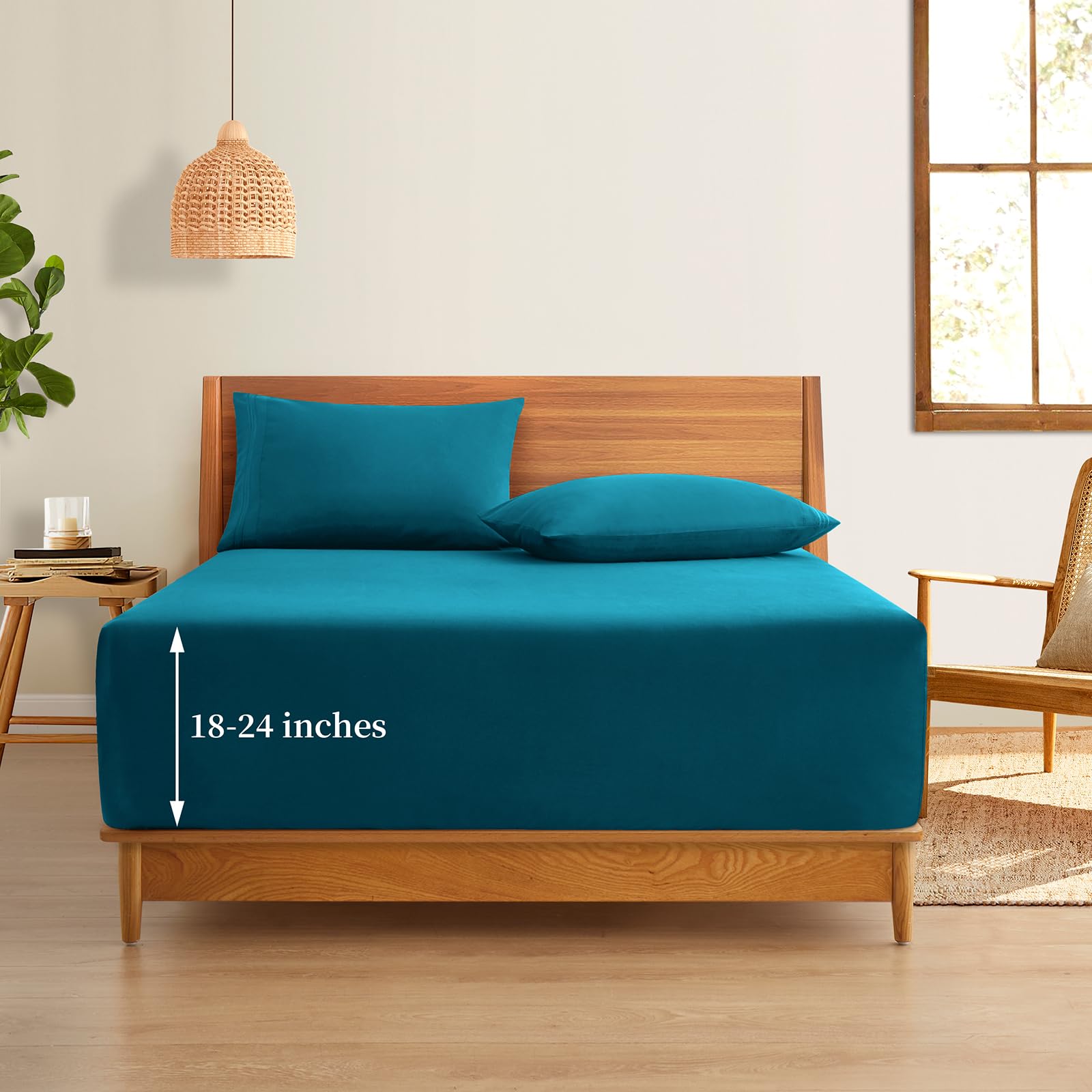 Horbaunal Extra Deep Pocket Full Fitted Sheet Only - Fits Up To 24 Inch Mattress - Luxury 1800 Thread Count - Microfiber Teal Fi
