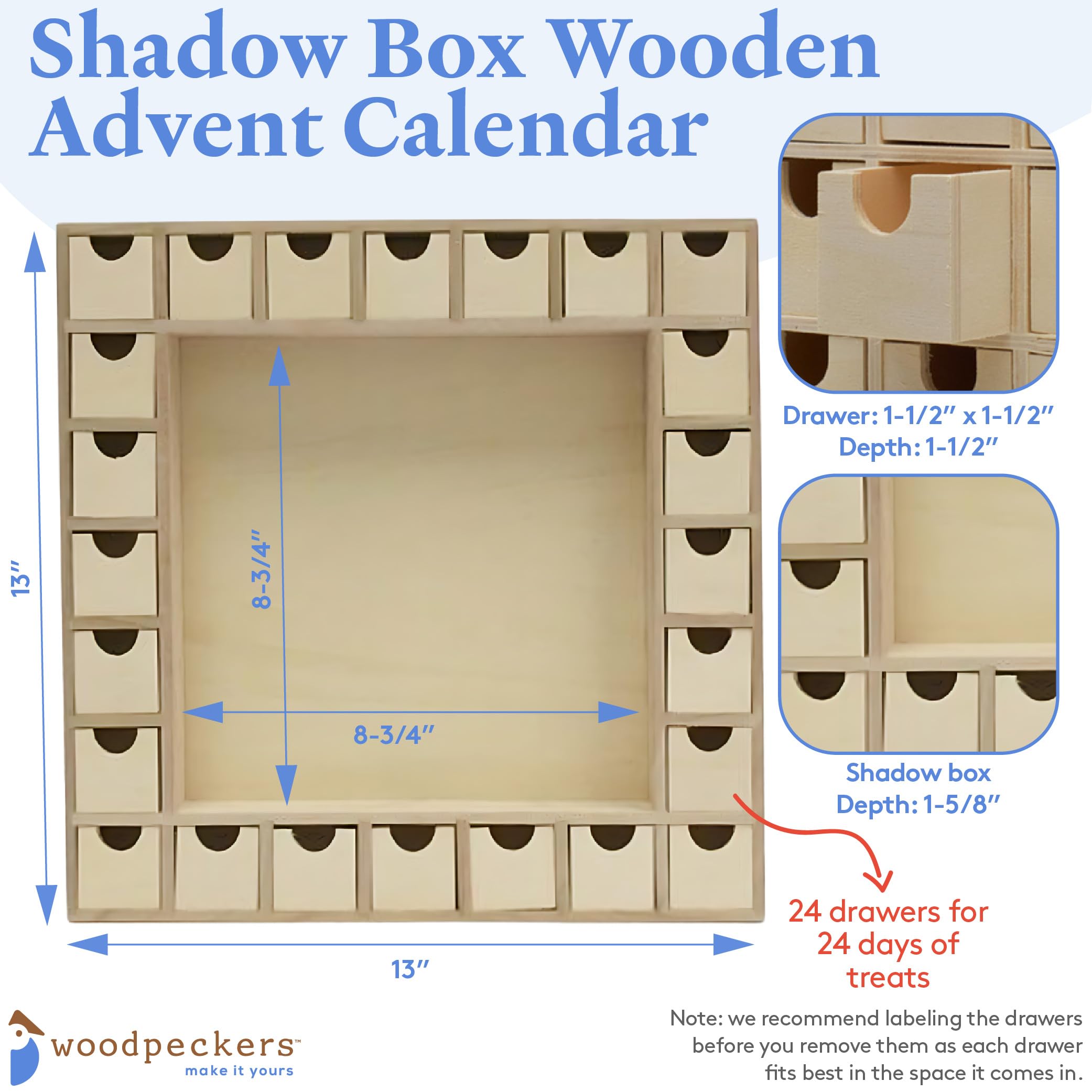 Shadow Box Wooden Advent Calendar 13 X 13 Inch, Pack Of 1 Christmas Advent Calendar With 24 Empty Drawers For Crafts, By Woodpec