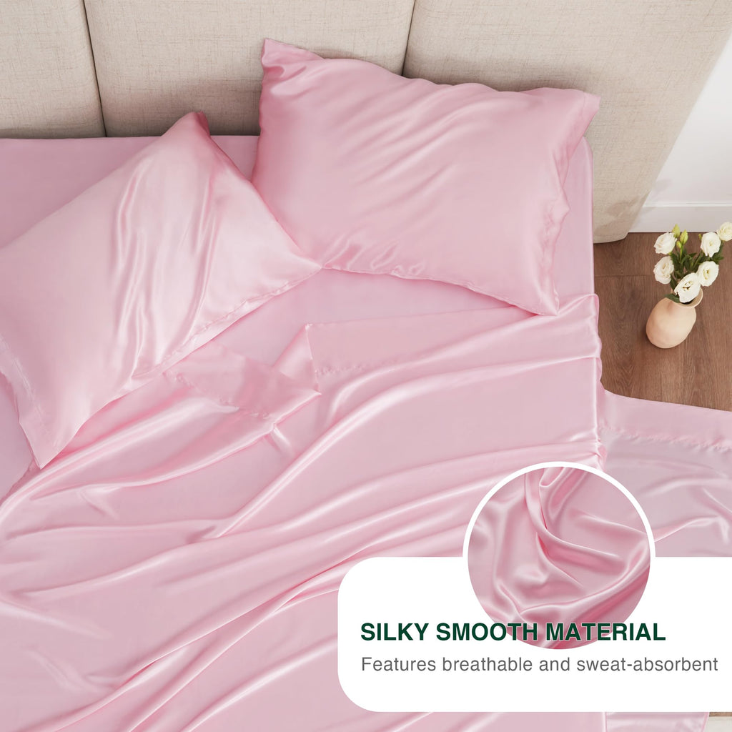 Love'S Cabin Satin King Sheet Sets - 4 Piece Pink Silky Satin Sheets King Size Bed Set With Deep Pocket, Luxury Silk Feel King Size Satin Sheet Set (1 Flat Sheet,1 Fitted Sheet,2 Pillow Cases)