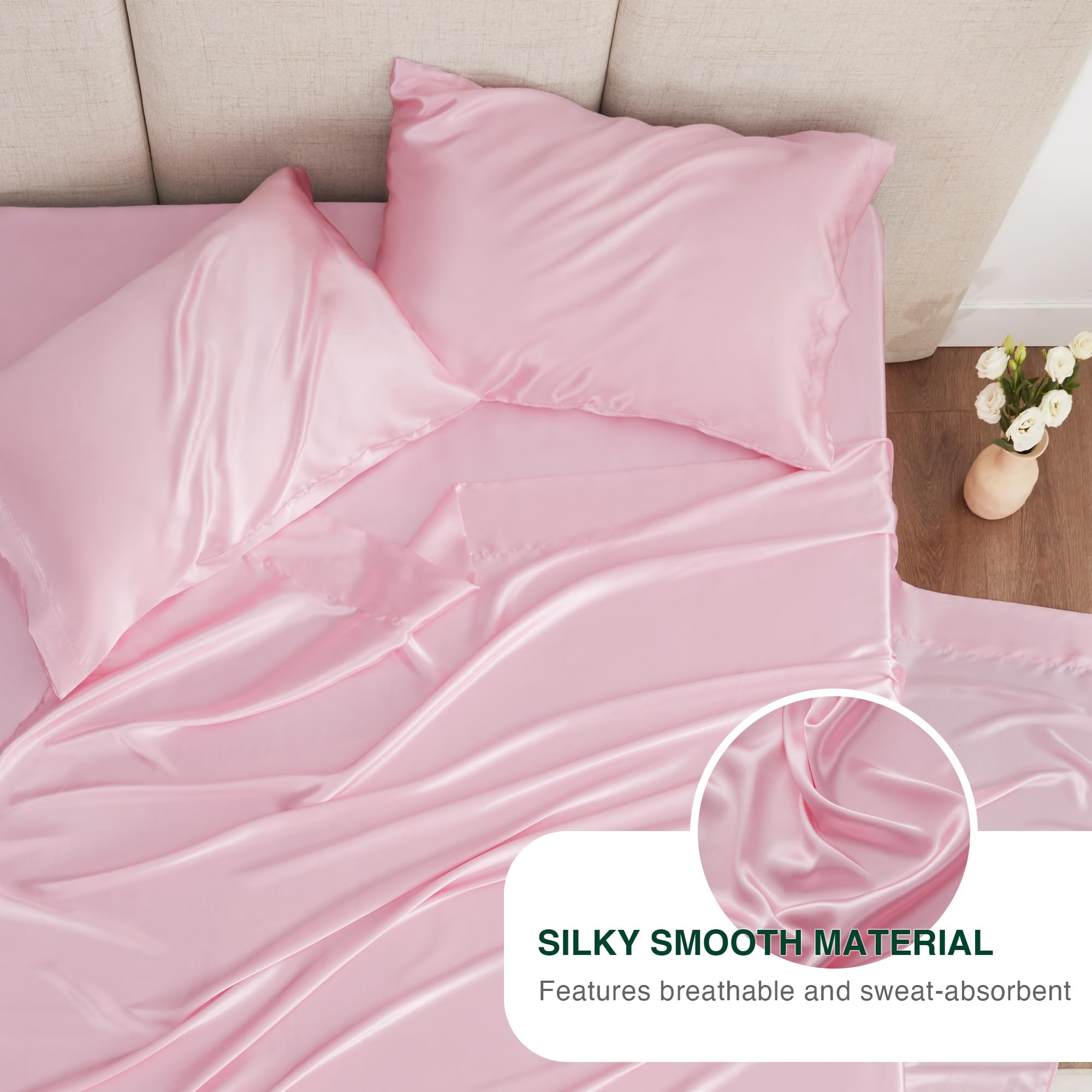 Love'S Cabin Twin Xl Satin Sheet Sets - 3 Piece Pink Silky Satin Bed Sheets With Deep Pockets, Luxury Silk Feel Satin Sheet Set Twin Xl (1 Flat Sheet,1 Fitted Sheet,1 Pillow Case)