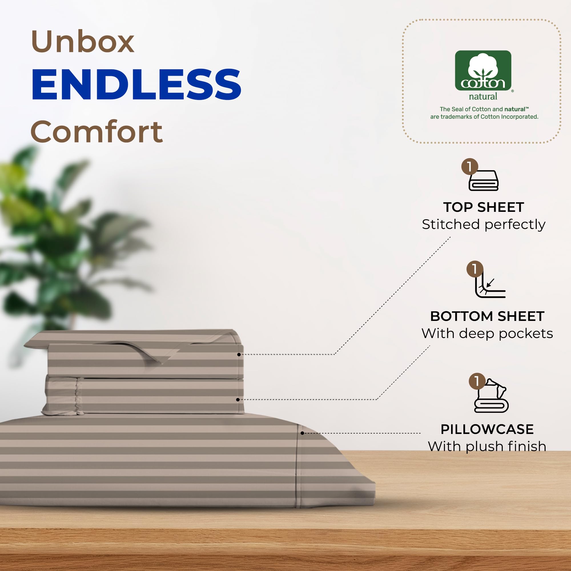 Thread Spread Luxury Egyptian Cotton Twin Stripe Sheet Set - 600 Thread Count Extra Long Staple 3 Pc Set, Twin Damask Sheets, Soft, Cooling Sateen Weave Striped Sheets Upto 18' Deep Pocket - Taupe