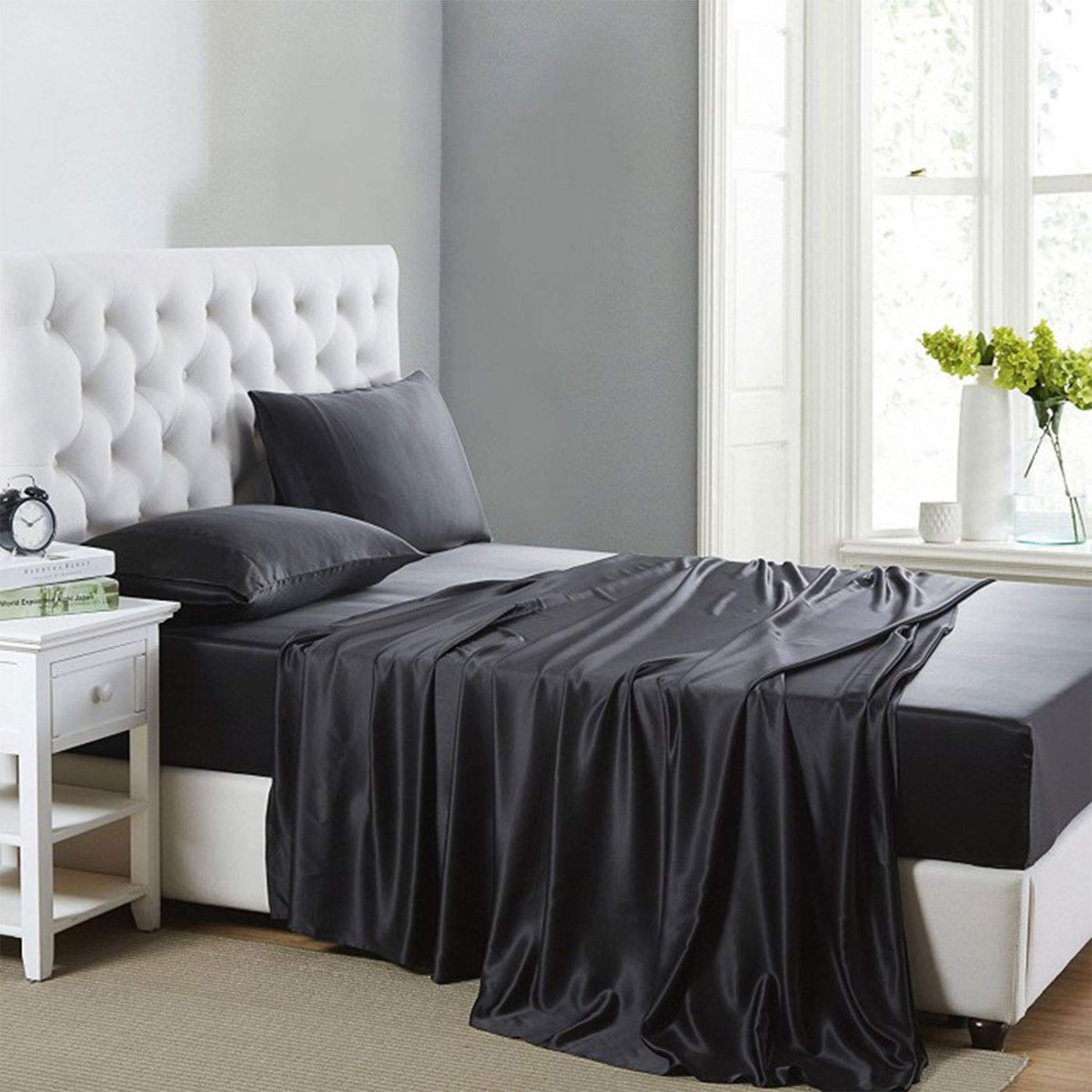Lanest Housing Silk Satin Sheets, 4-Piece Queen Size Satin Bed Sheet Set With Deep Pockets, Cooling Soft And Hypoallergenic Sati