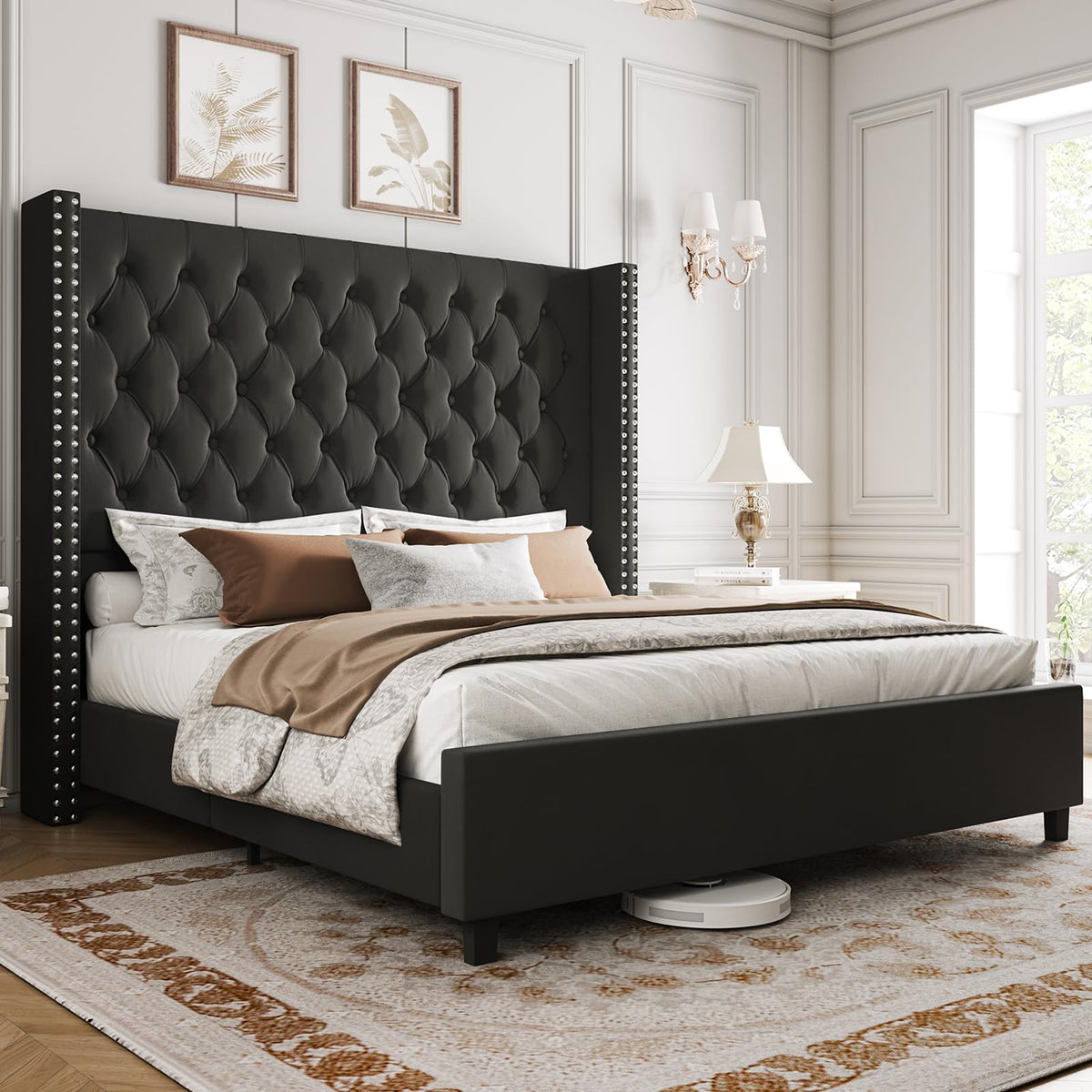 Papajet King Size Bed Frame 61.4'' Tall Headboard Upholstered Velvet Platform Bed With Handmade Deep Button Tufted/No Box Spring