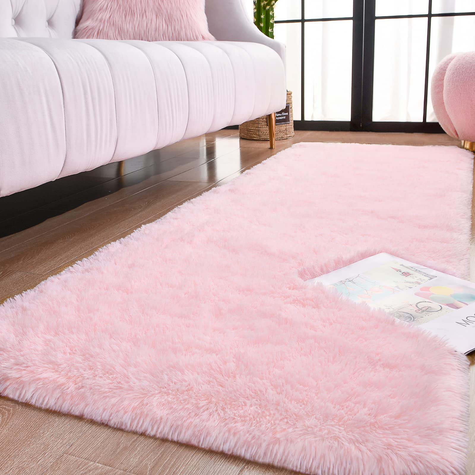 Keeko Small Fluffy Rug for Bedroom, 2x4 Pink Bedside Runner Rug Non Slip Throw Rugs for Living Room Entryway Shag Fuzzy Faux Fur