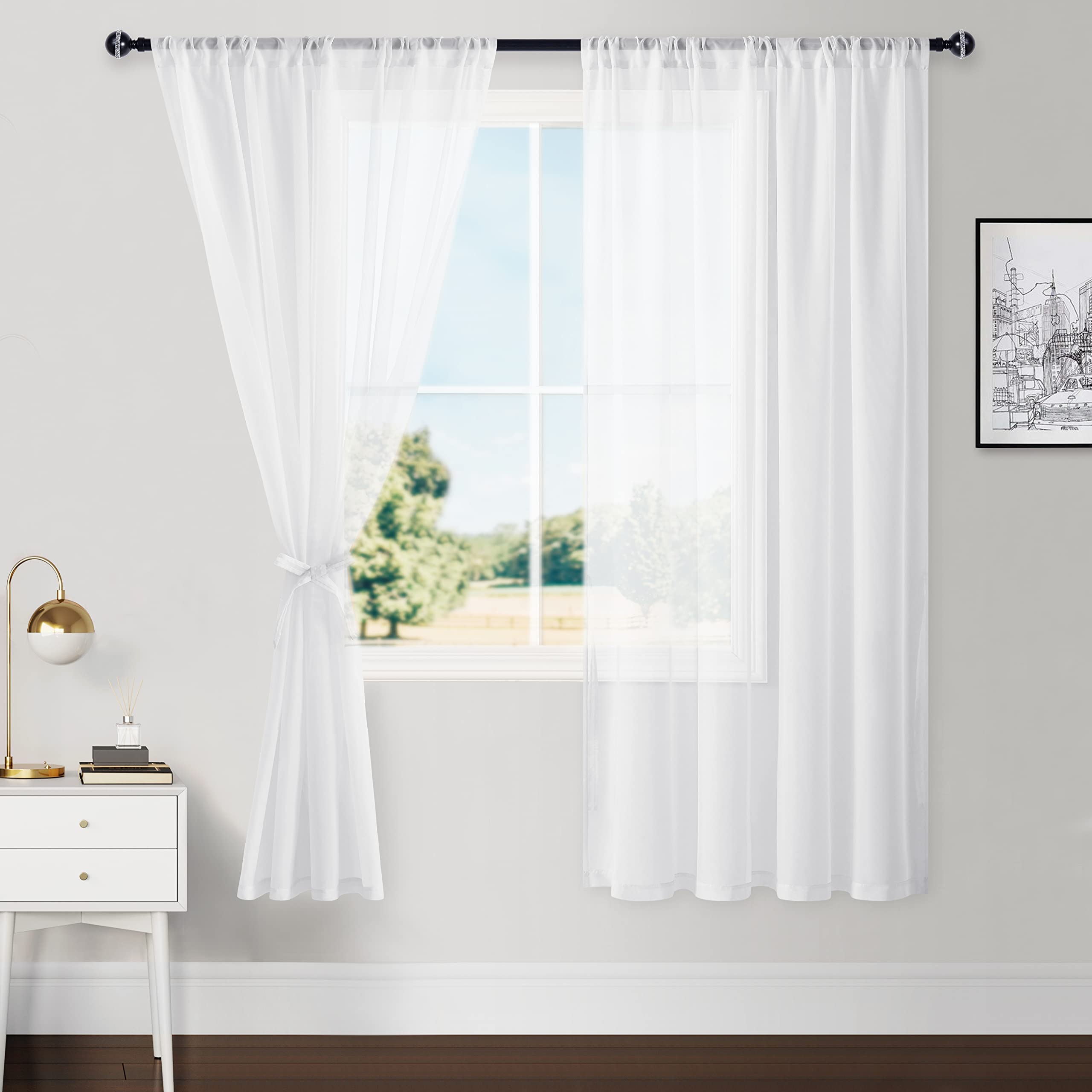 Hiasan Sheer Curtains 63 Inch Length With Tiebacks, Light Filtering Airy Breathable Rod Pocket Voile Window Curtains For Living