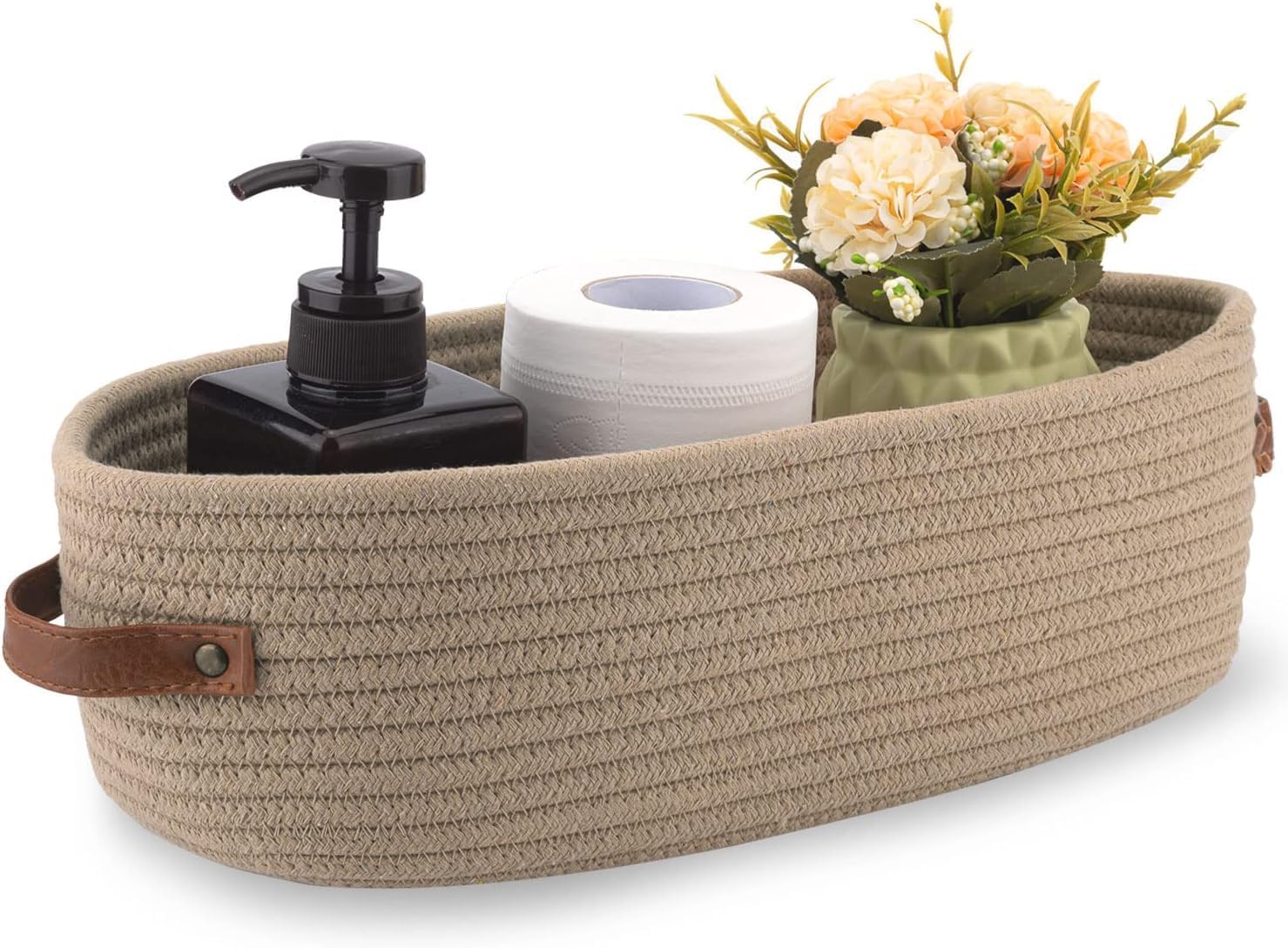 Oval Cotton Rope Storage Basket With Leather Handles, Beige, 33X15X10Cm, Multipurpose Organiser Tray For Bathroom, Kitchen