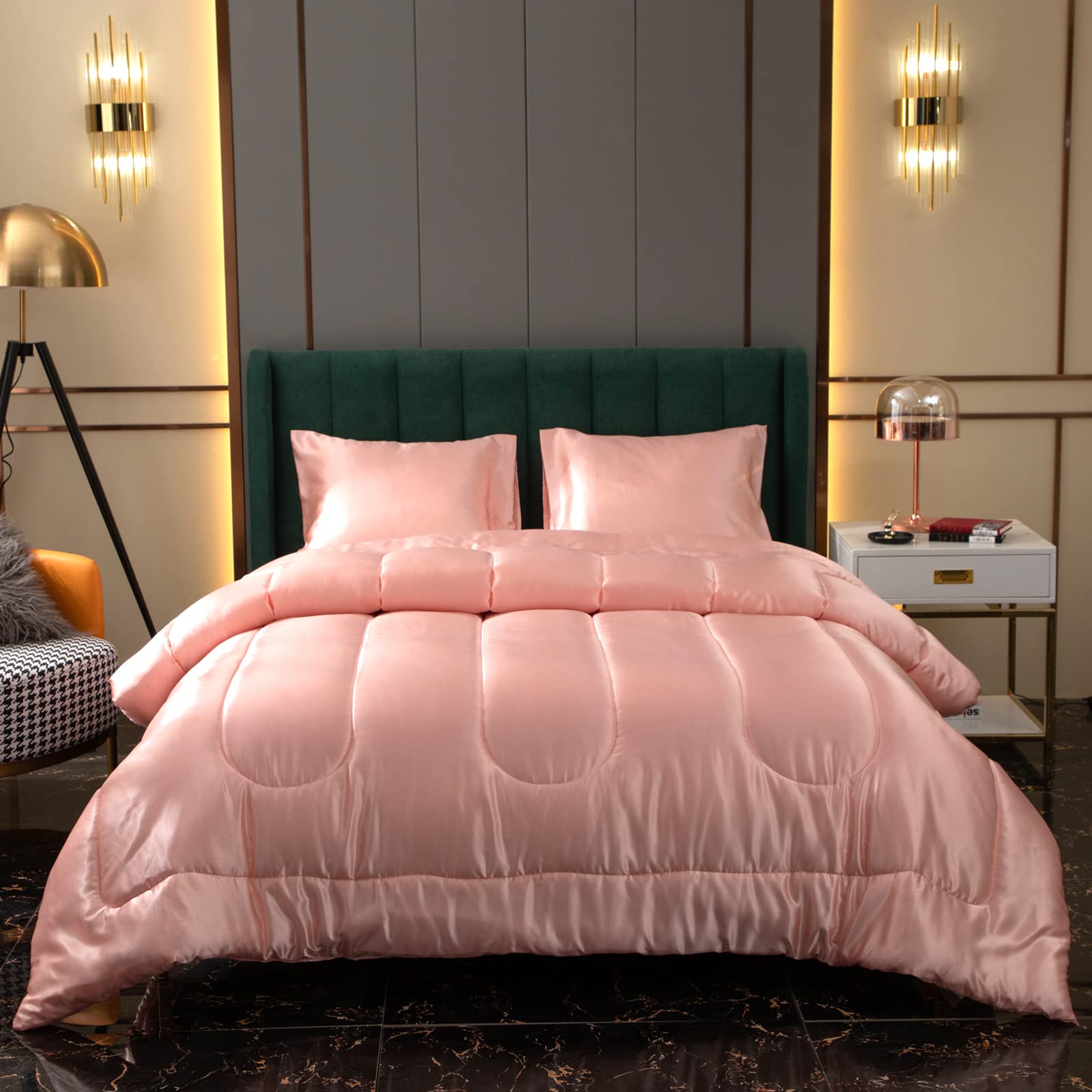 Satin Comforter Set King Size Silk Like Pink Comforter Silky Polyester Filling Bed Comforters Luxury Hotel Satin Pink Girls Bed