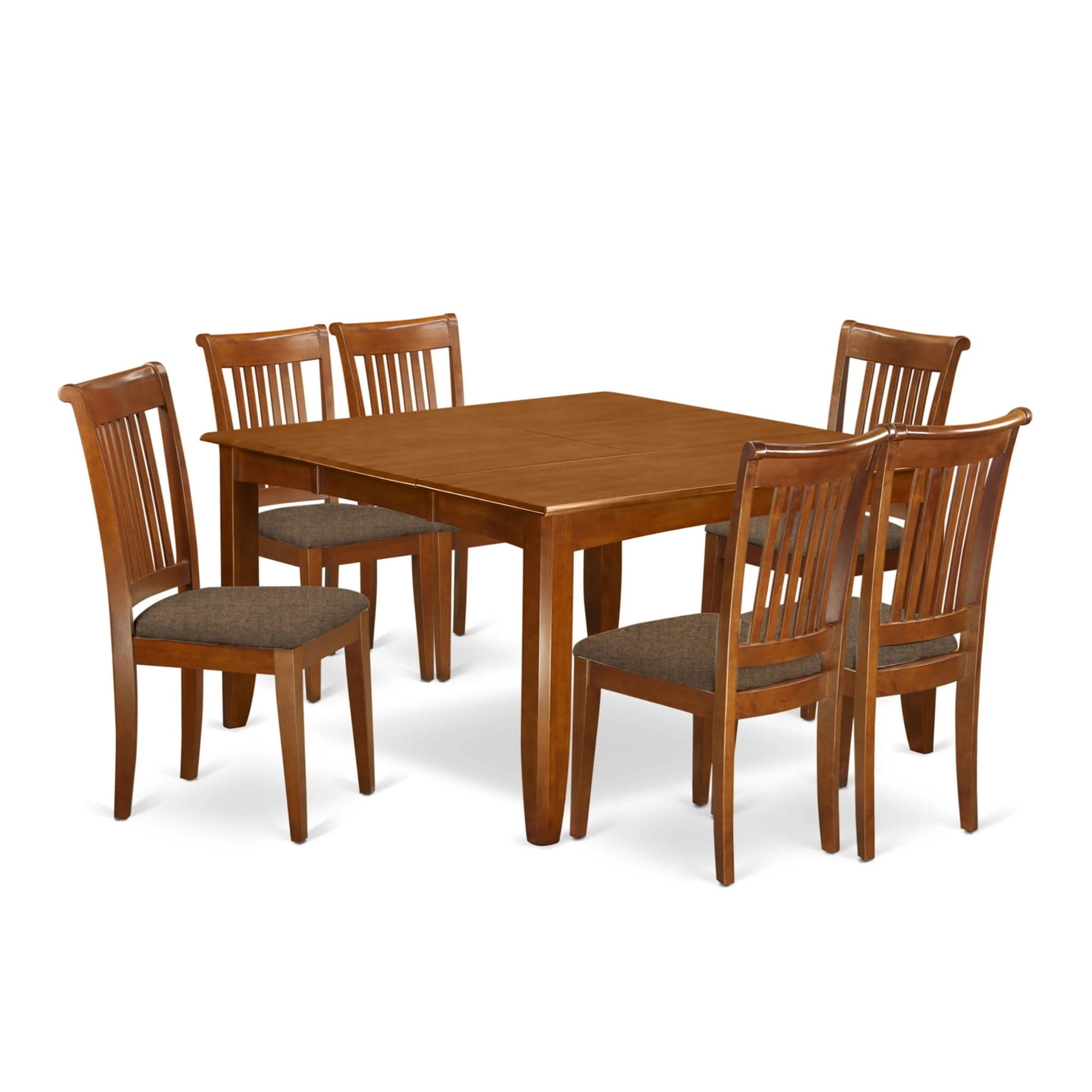 East West Furniture PFPO7-SBR-C 7 Piece Dining Room Table Set Consist of a Square Wooden Table with Butterfly Leaf and 6 Linen Fabric Kitchen Dining Chairs, 54x54 Inch, Saddle Brown