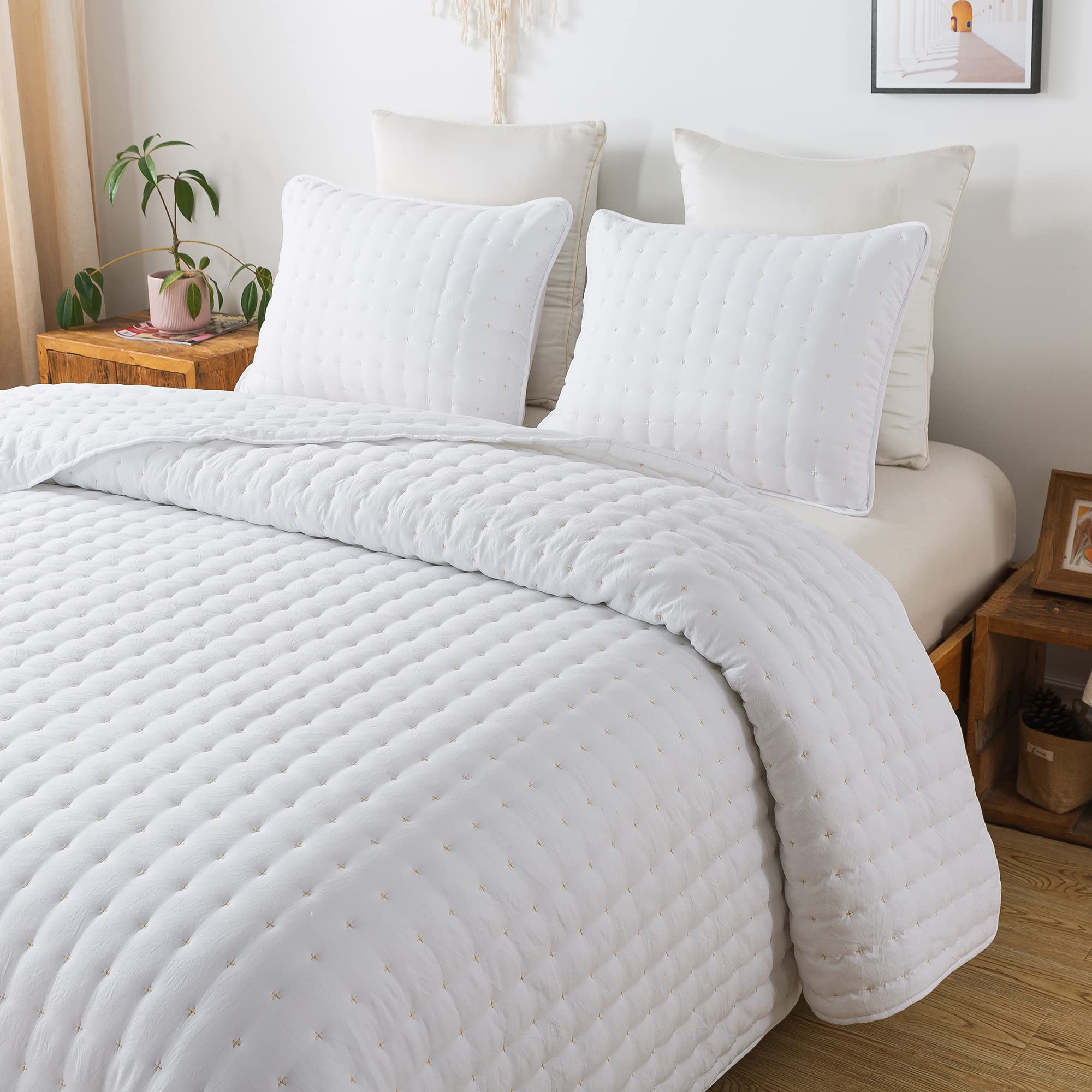 Wdcozy White Queen Size Quilt Bedding Sets With Pillow Shams, Lightweight Soft Bedspread Coverlet, Quilted Blanket Thin Comforte