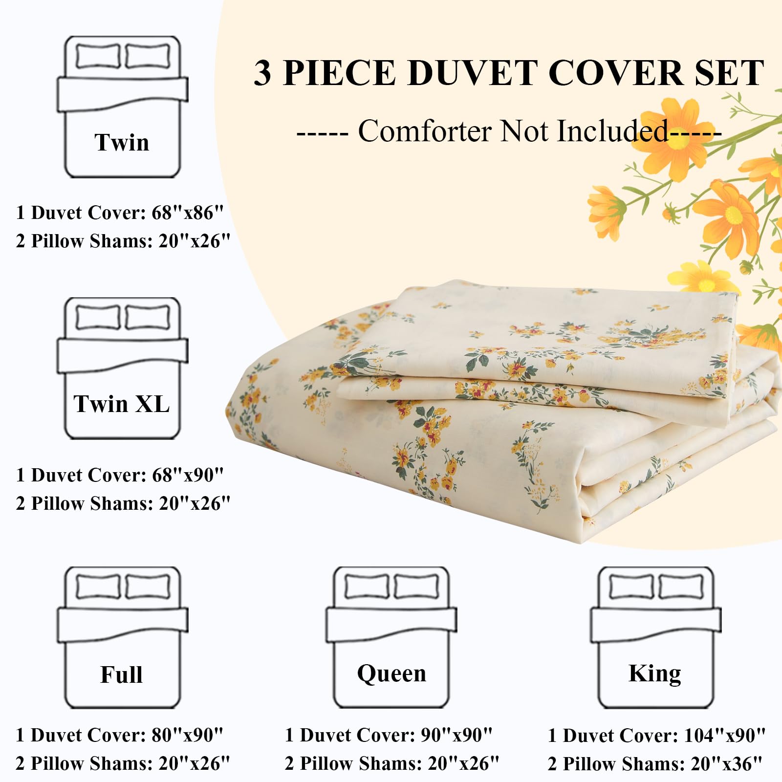 Lifetb Bed Linen Set, Queen Botanical Floral Duvet Cover Set With 2 Pillowcases, 100% Cotton, Zipper Closure, 90X90In