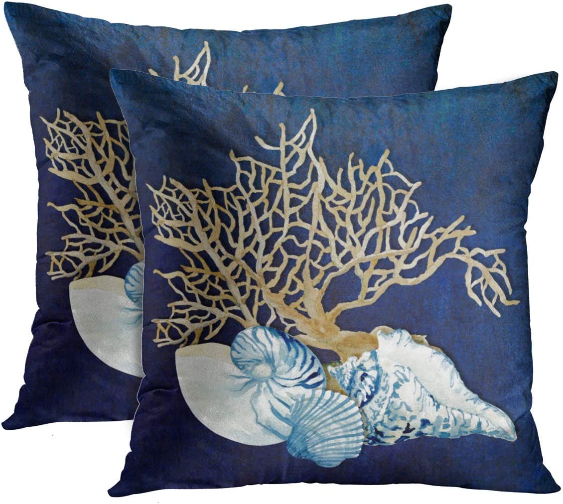 Emvency Set Of 2 Throw Pillow Cover Blue Seashore Indigo Ocean Coral Seashells Beach House Gray Coastal Decorative Pillow Case H