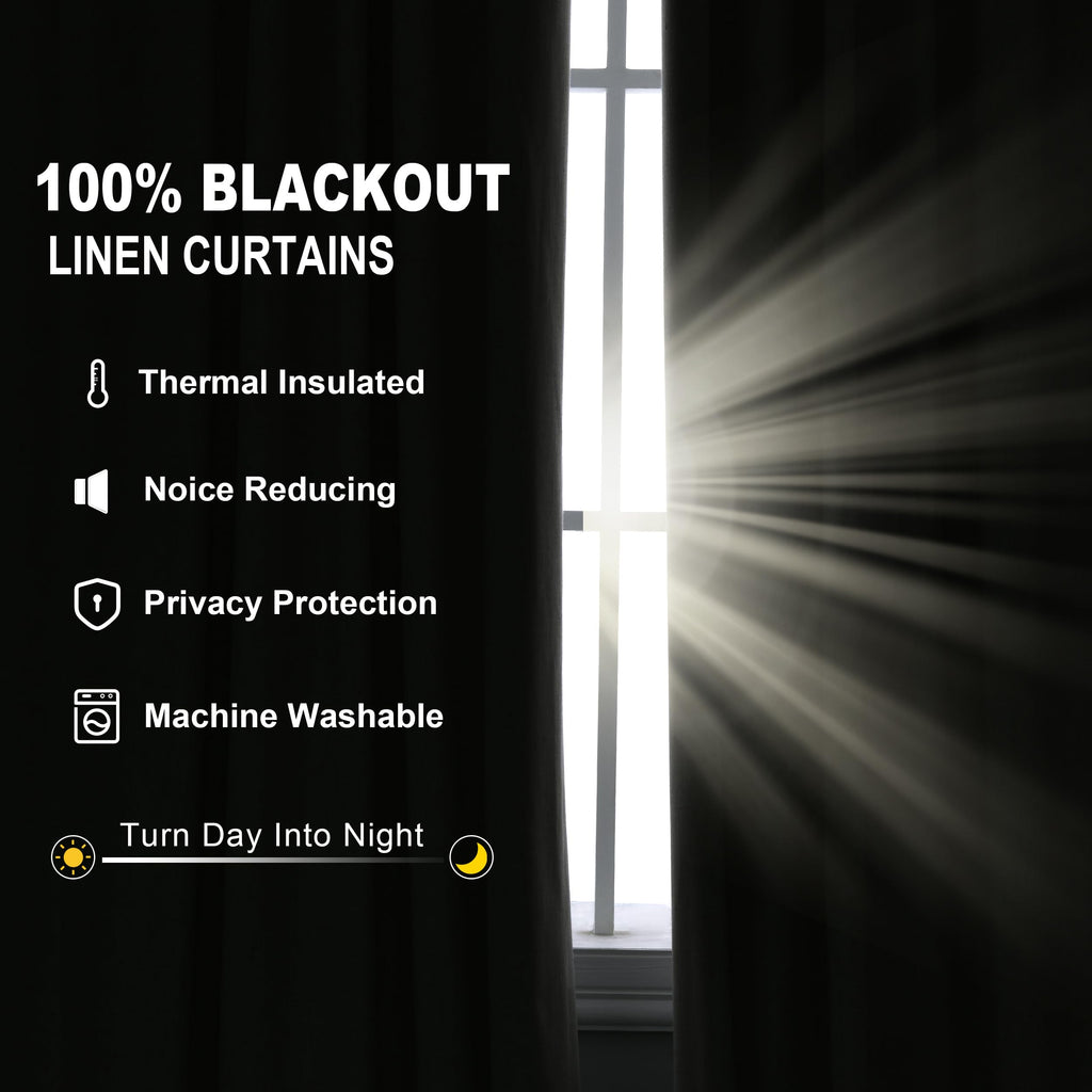 Jowels Cream Linen Blackout Curtains 96 Length 2 Panels Set For Living Room Bedroom, 100% Black Out Thermal Insulated Linen Drap
