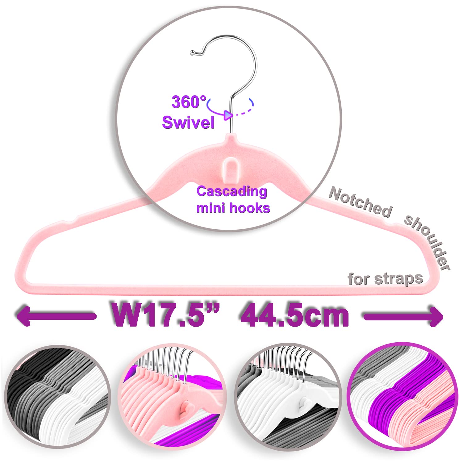 Hozyfrozy Multi-Color Premium Velvet Hangers With Mini Hooks, Pack Of 50, Non-Slip Space Saving Cascading Clothes And Suit Hange