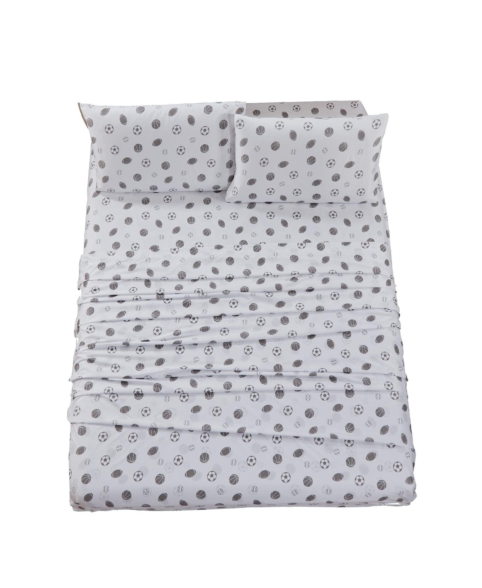Chezmoi Collection 3-Piece Kids/Teens Sports Sheet Set - Soft Microfiber White Gray Baseball Basketball Football Soccer, Twin Xl