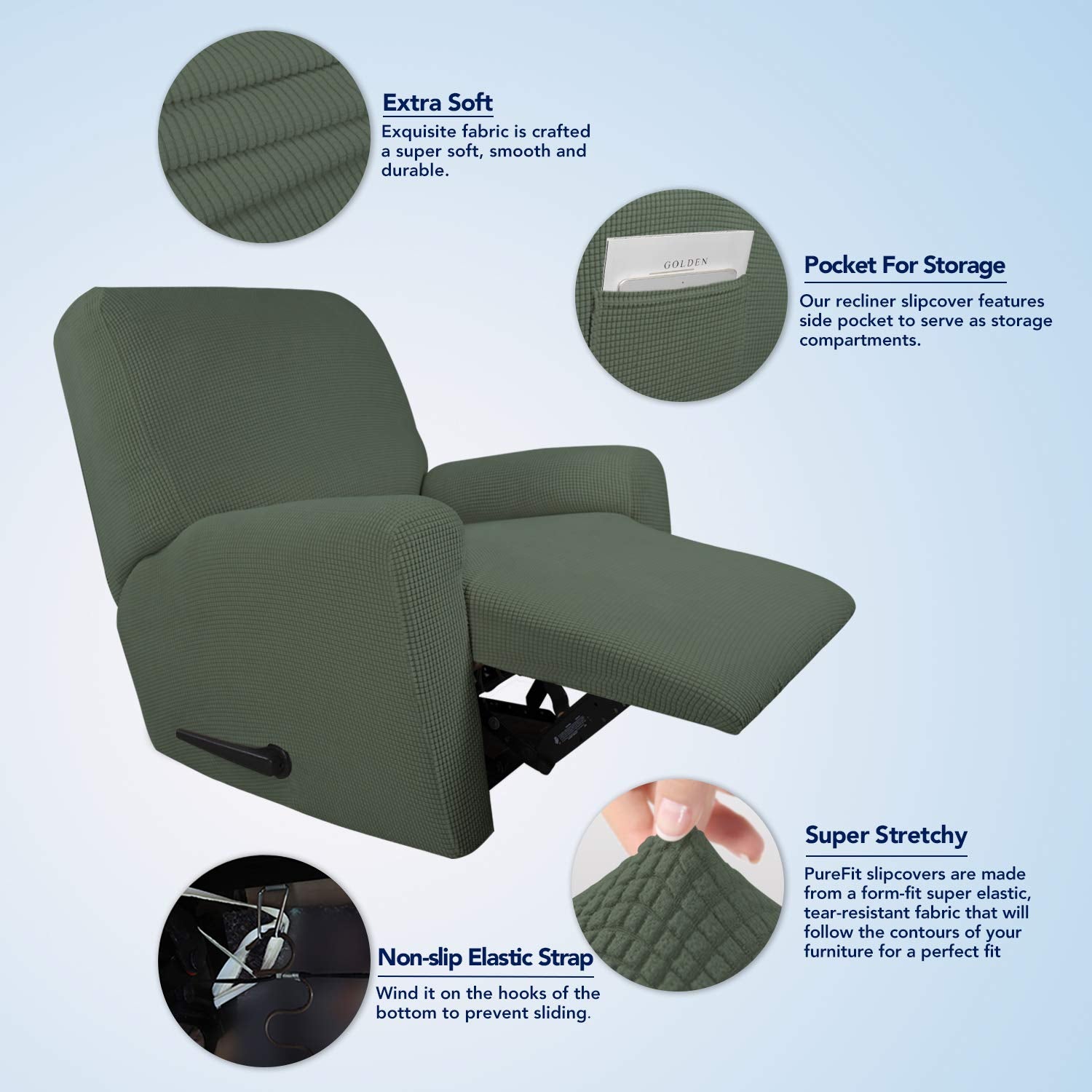 Purefit Stretch Recliner Sofa Slipcover With Pocket – Spandex Jacquard Non Slip Soft Couch Sofa Cover, Washable Furniture Protector With Elastic Bottom For Kids (Recliner, Greyish Green)