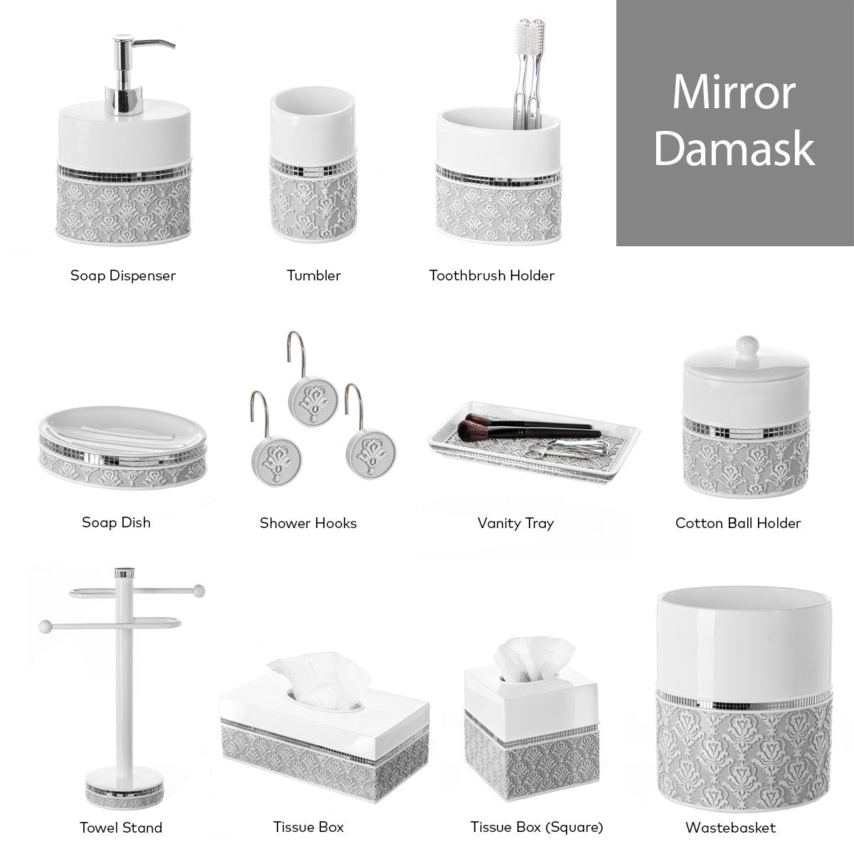 Creative Scents Mirror Damask Qtip Holder - Decorative Canister Jar, Durable Cotton Swab Ball Holder/Container - Beautiful Bathr